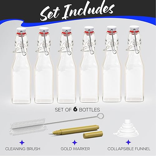 Miniatura 8 de Nevlers Botellas de vidrio cuadradas con tapa abatible de 85 onzas  Juego de 6 botellas de vidrio abatibles  Botellas con tapa abatible para