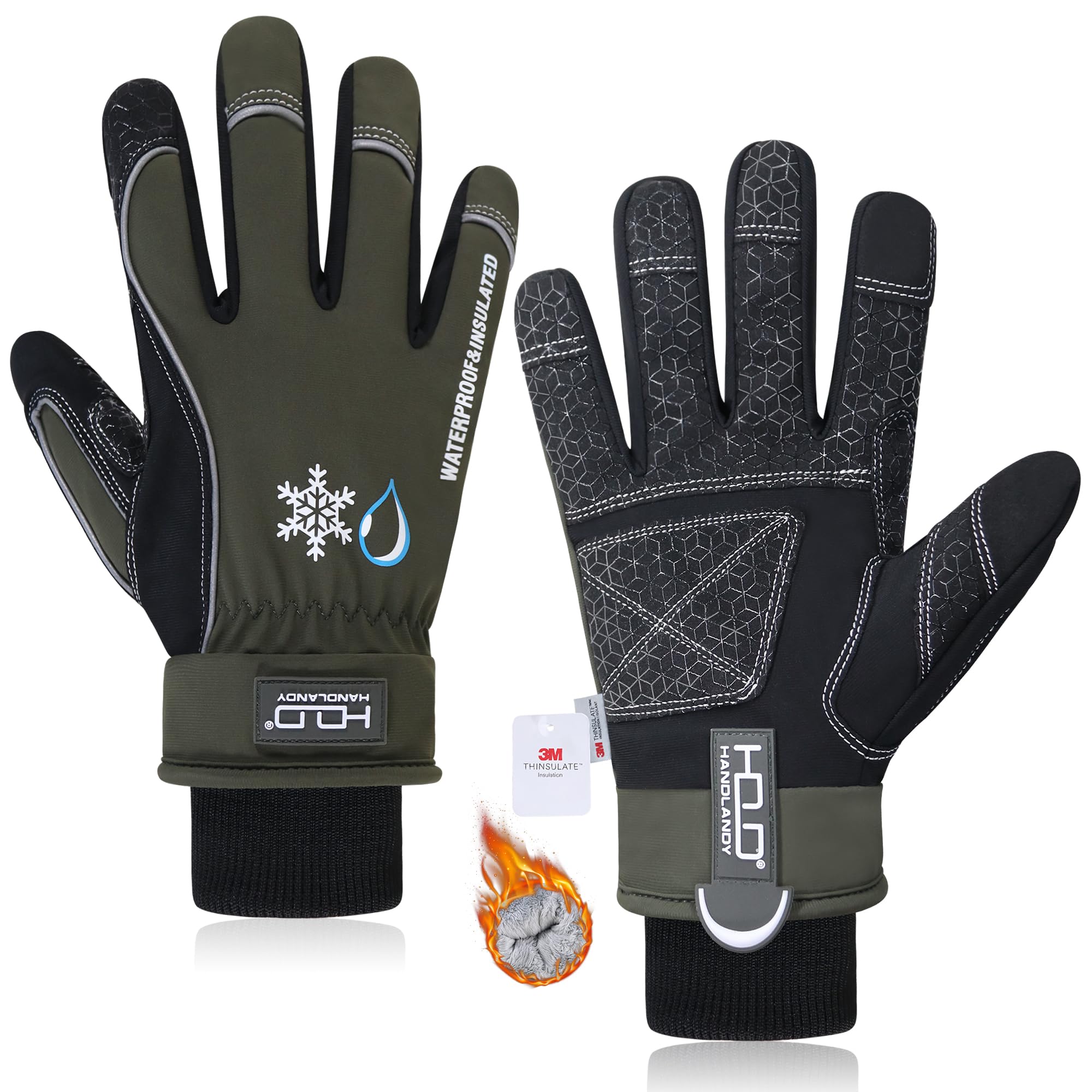 HANDLANDY HLDD wasserdichte Handschuhe für Herren, Winddichte Thermohandschuhe, Touchscreen Winterhandschuhe, Skihandschuhe Warme Arbeitshandschuhe Snowboard