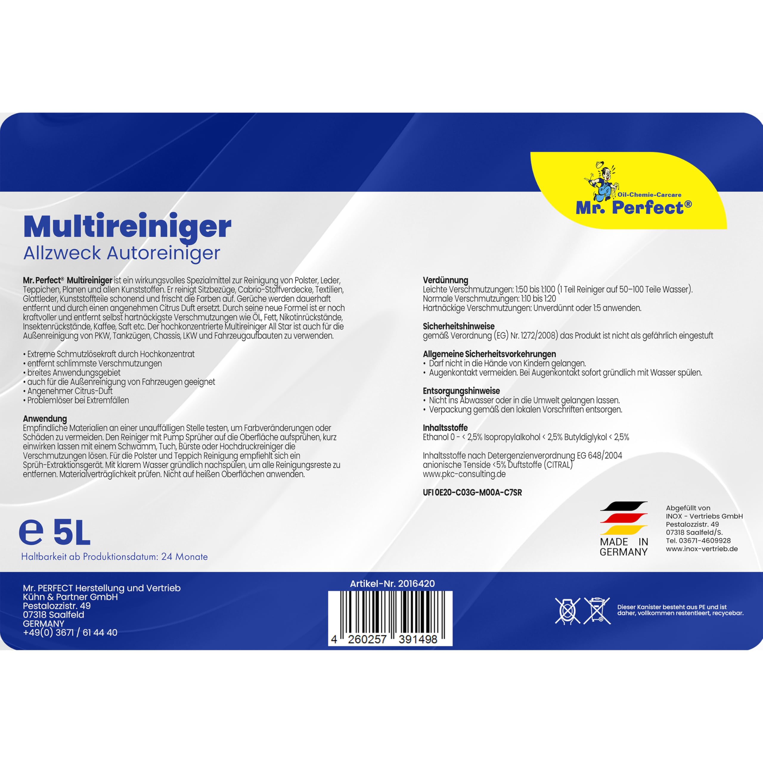 Mr.Perfect® - Profi Multi Reiniger 4x5L Kanister Auto Reiniger | Polsterreiniger Auto und Teppichreiniger | Kunststoffreiniger und Autoreinigung von Innen und Außen