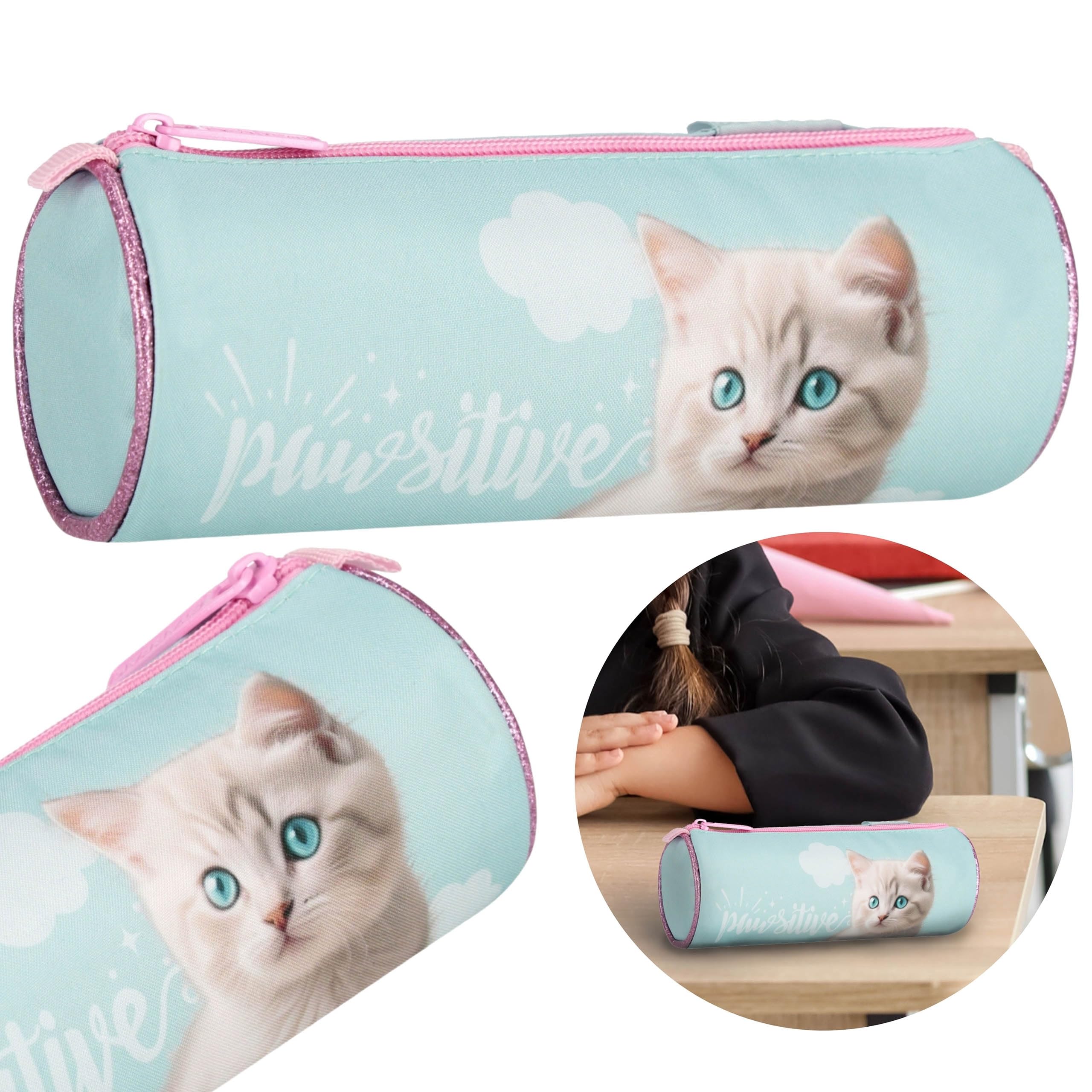 sarcia.eu School Girl's Pencil case, Round, Tube Shape, Pouch for Accessories, in Cats, Blue 22x8x8cm (Kitten Round) - Image 2