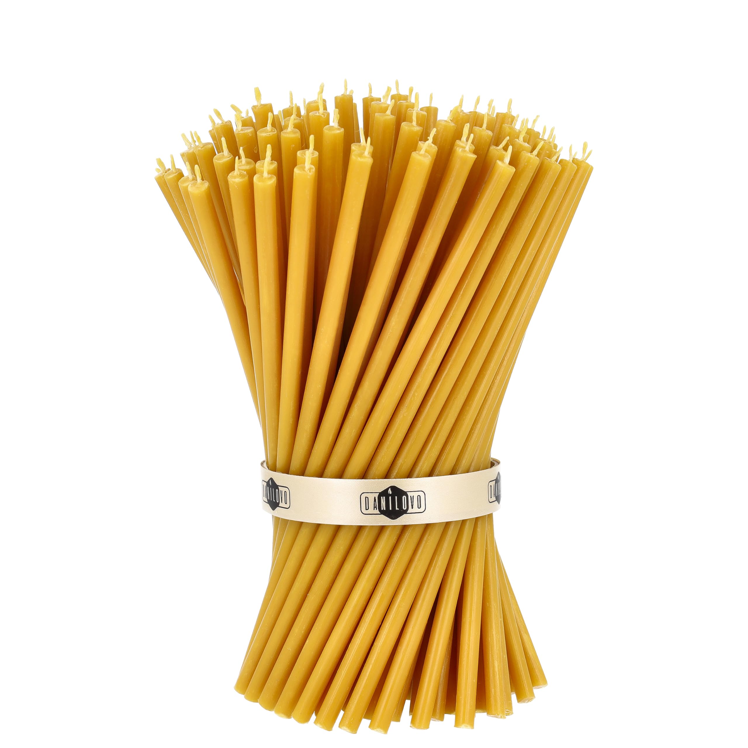 Danilovo Pure Beeswax Candles - Honey-Scented, Decorative Thin Taper Candles - Ideal for Birthday Decoration or Church Prayers - Drip Free, Tall & Smokeless Pack of 50 pcs, 8.1 x 0.26 inch