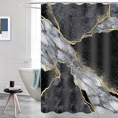 Miniatura 8 de Domoku Cortina de ducha de mármol negro y dorado, líneas agrietadas negras y doradas, cortina de ducha moderna abstracta para decoración de baño,