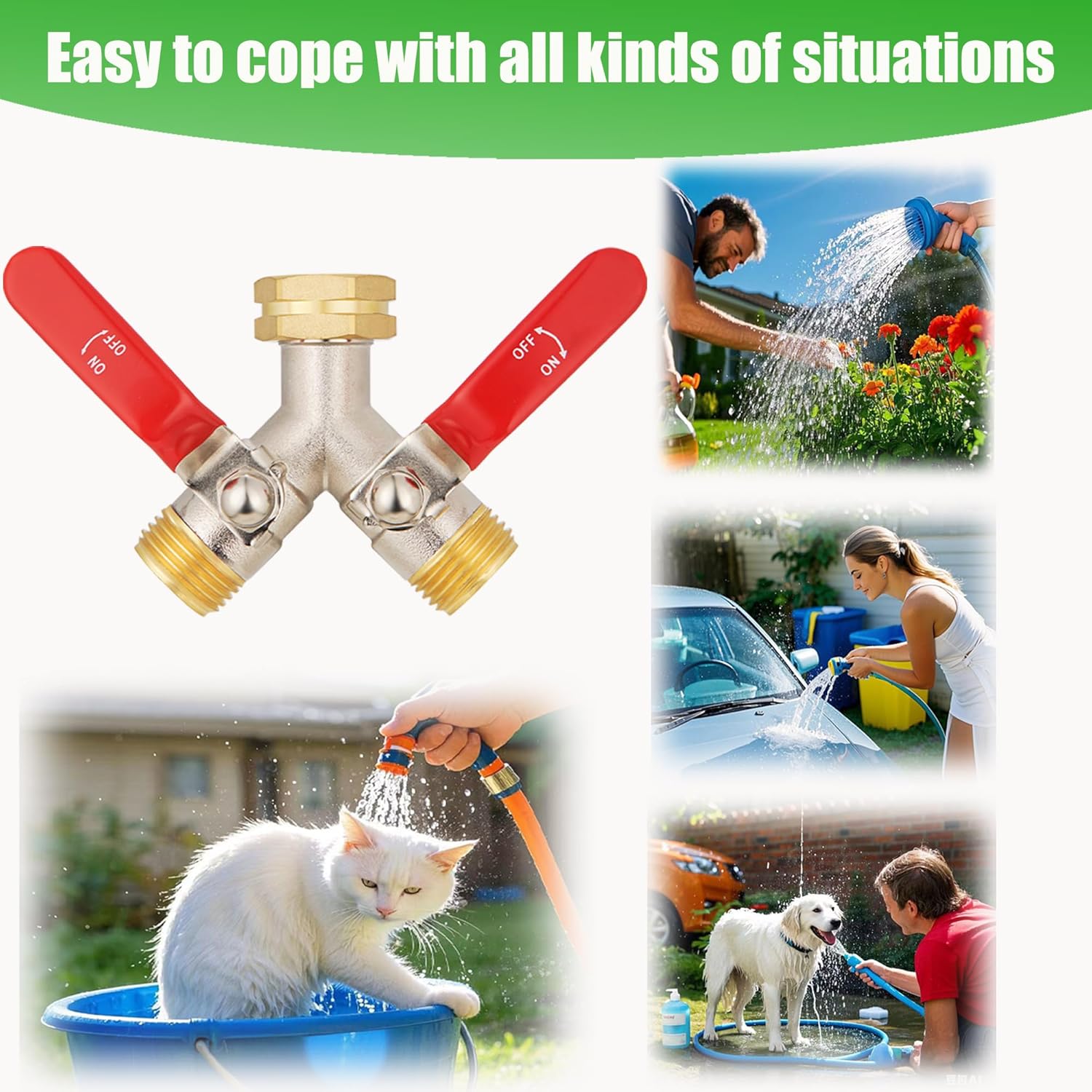 EJW Brass Hose Splitter, High Flow Splitters, Garden Hose Splitter, 2 Way Water Splitter, Faucet Splitter, Heavy Duty Splitter, Valve 3/4 Inch GHT Thread