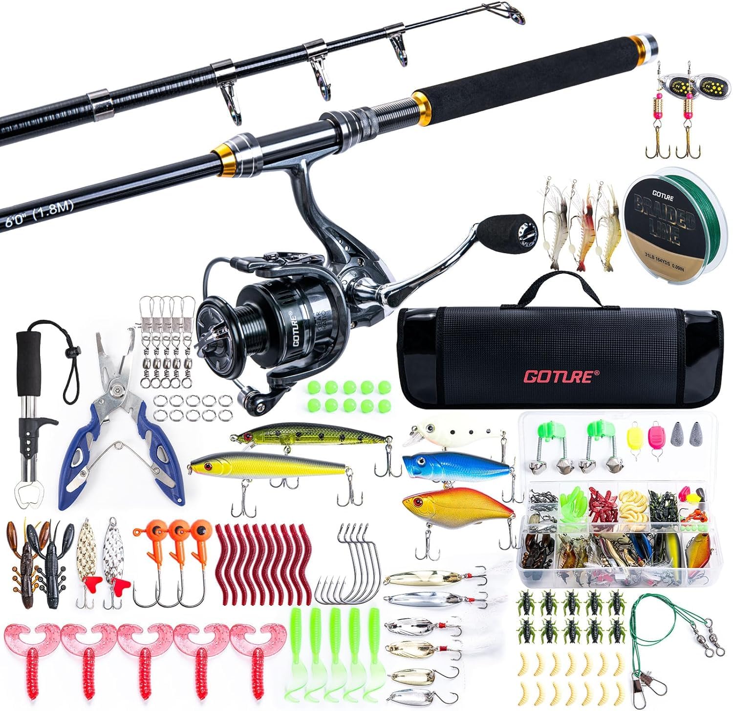 Goture Kit de pêche avec 2 cannes à pêche télescopiques, 1,8 m/2,1 m/2,4 m/2,7 m I Canne à pêche complet 2 5.2:1, kit d'outils de pêche, boîte à appâts et sac de transport – Pour eau salée/douce