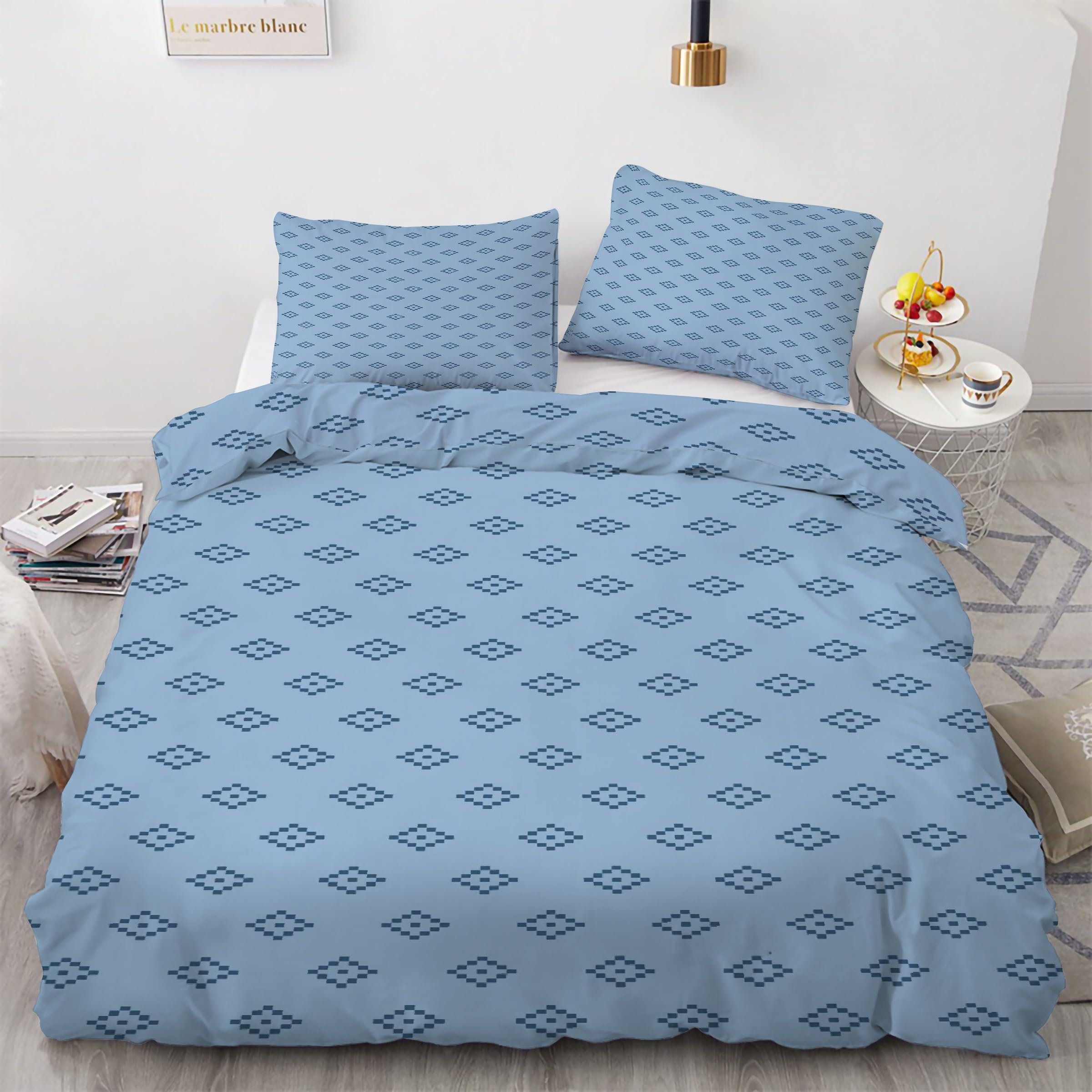 Housse de couette 160x200 bleu géométrique microfibre douce ensemble lit