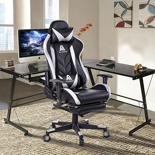 Miniatura 14 de AA Products - Silla ergonómica de carreras con respaldo alto y reposapiés, soporte lumbar y giratorio, color amarillo y blanco