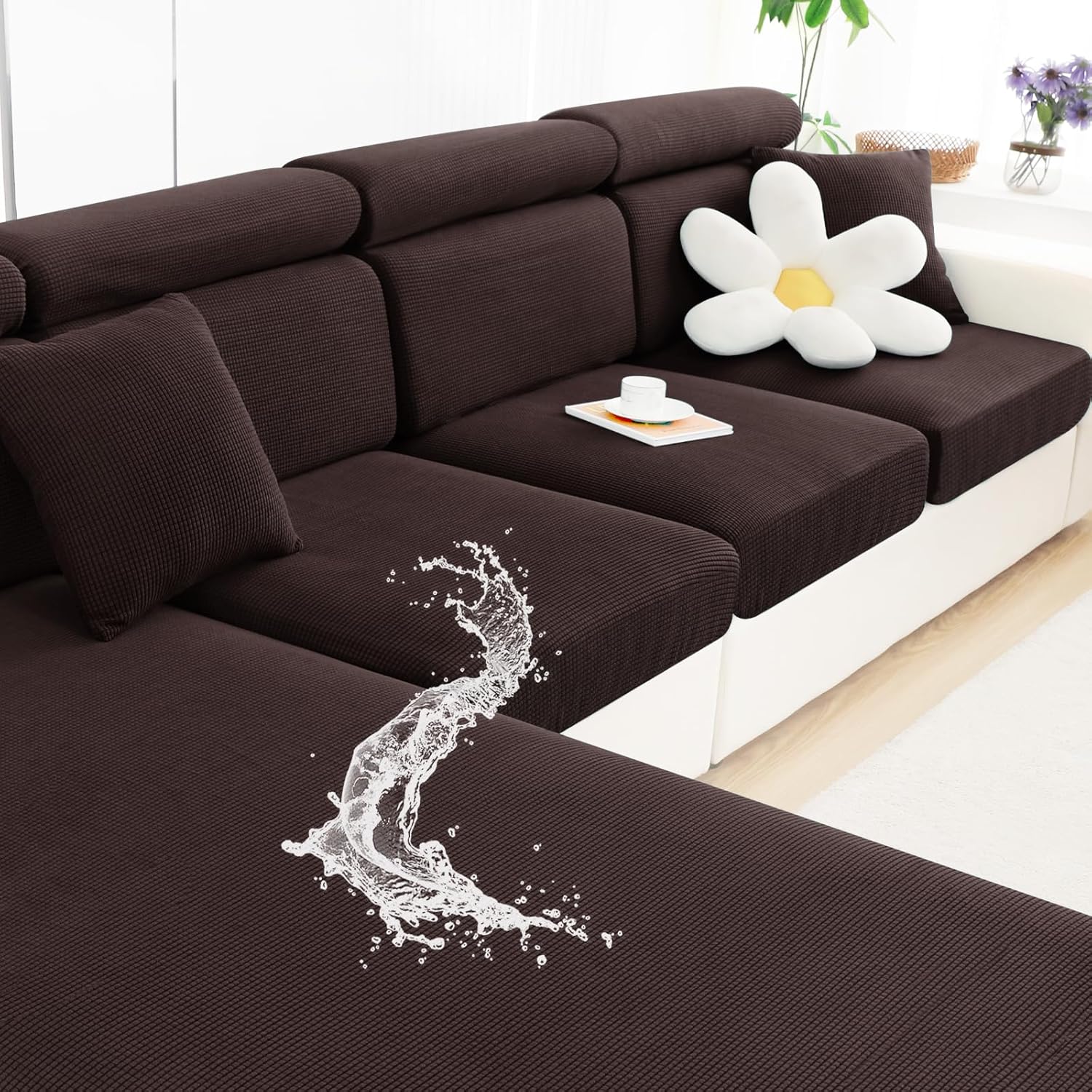 smiry Waterproof Couch Cushion Covers, Stretch Jacquard Sofa Cushion Covers, Soft Sofa Covers Washable, Couch Cushion Furniture Protector with Elastic Bottom for Pets, Kids(3 Pack, Chocolate) 3 Pack Chocolate