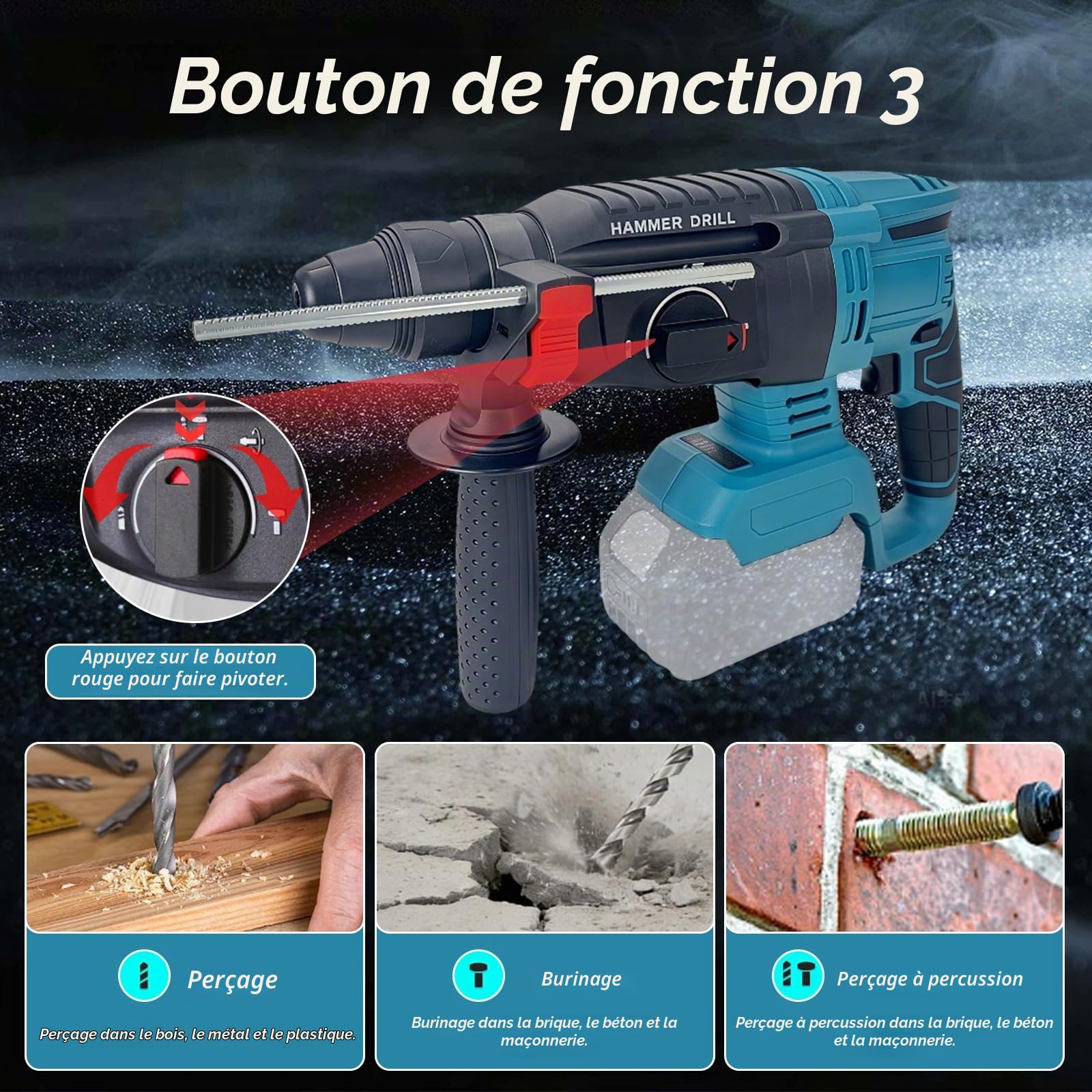 2,6 J Perforateur sans fil Compatible avec Makita 18V, Marteau Perforateur 1300W sans Balais, Perforateur Burineur avec Poignée Antichoc pour le Béton/Maçonnerie/Bois (Batterie non Incluse)