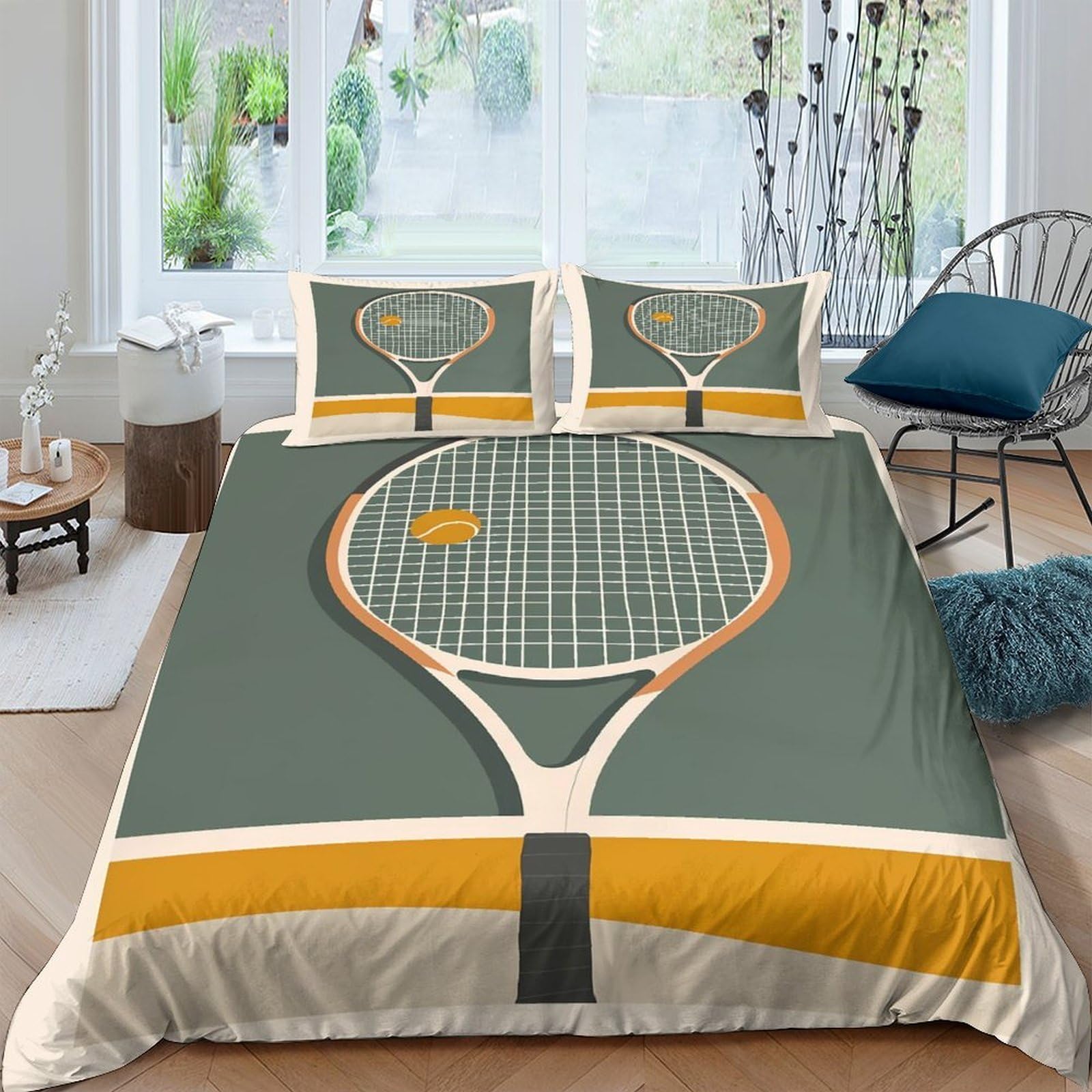 GPLZQXKJNH 3D Printed Tennis Racket Duvet Cover Microfiber Soft Breathable Sports Court Bedding Set with 2 Pillowcases for Bedroom Decor Single（135x200cm）