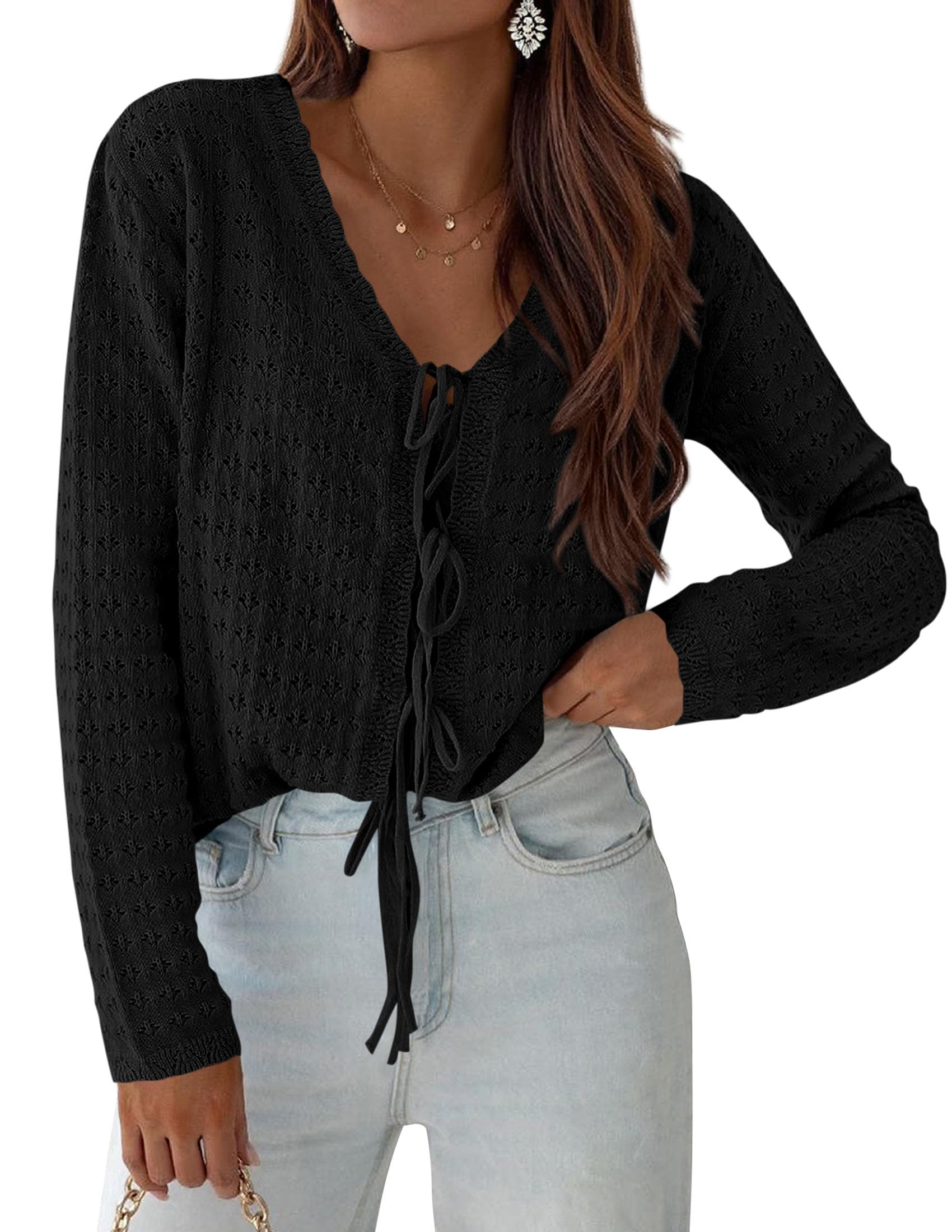 Crochet Cardigan Sweaters for Women Trendy Spring Summer Long Sleeve Tie Front Tops Boho Beach Vacation Clothes