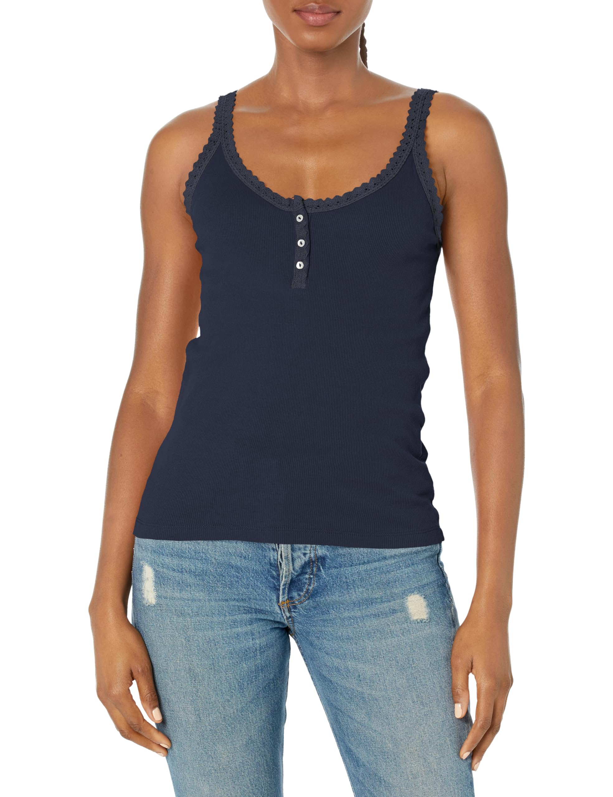 Angie Women's Lace Trim Rib Knit Tank with Buttons