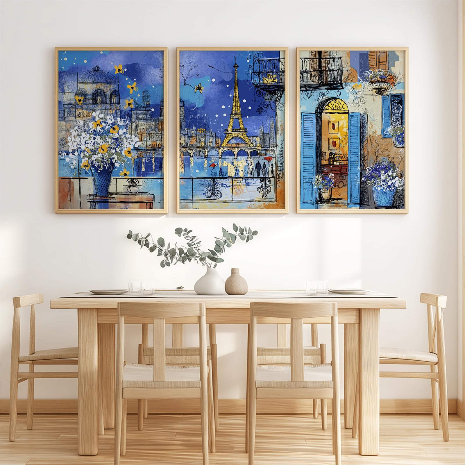 Generisch 3 piezas de arte mural pósteres, paisaje urbano estético murales para sala de estar dormitorio decoración, impresionista Torre Eiffel flor noche romántico lienzo imágenes 42 x 59,4 cm x 3