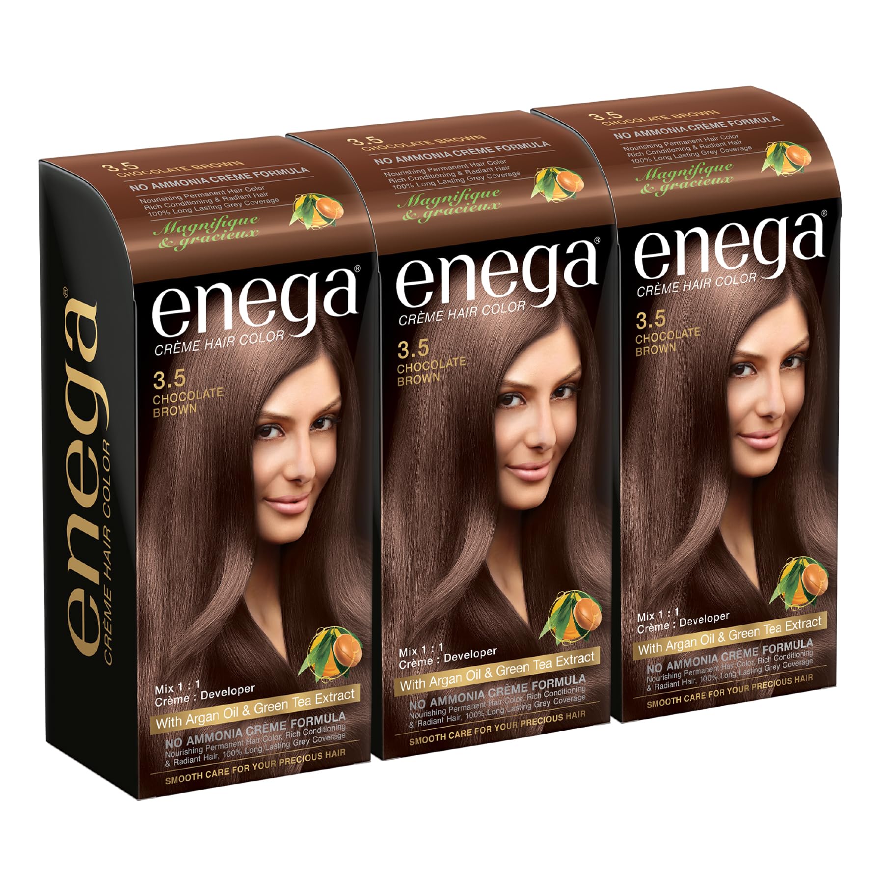 Enega No Ammonia Grey Coverage Long Lasting Creme Hair Color with Argan Oil & Green Tea Extract - (150 ML) (Chocolate Brown) (Pack Of 3)-picture-34