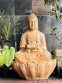 EXPLEASIA Lotus Buddha Water Fountain for Home, Office, Garden - Beige Resin Home Decor (Version 2020)