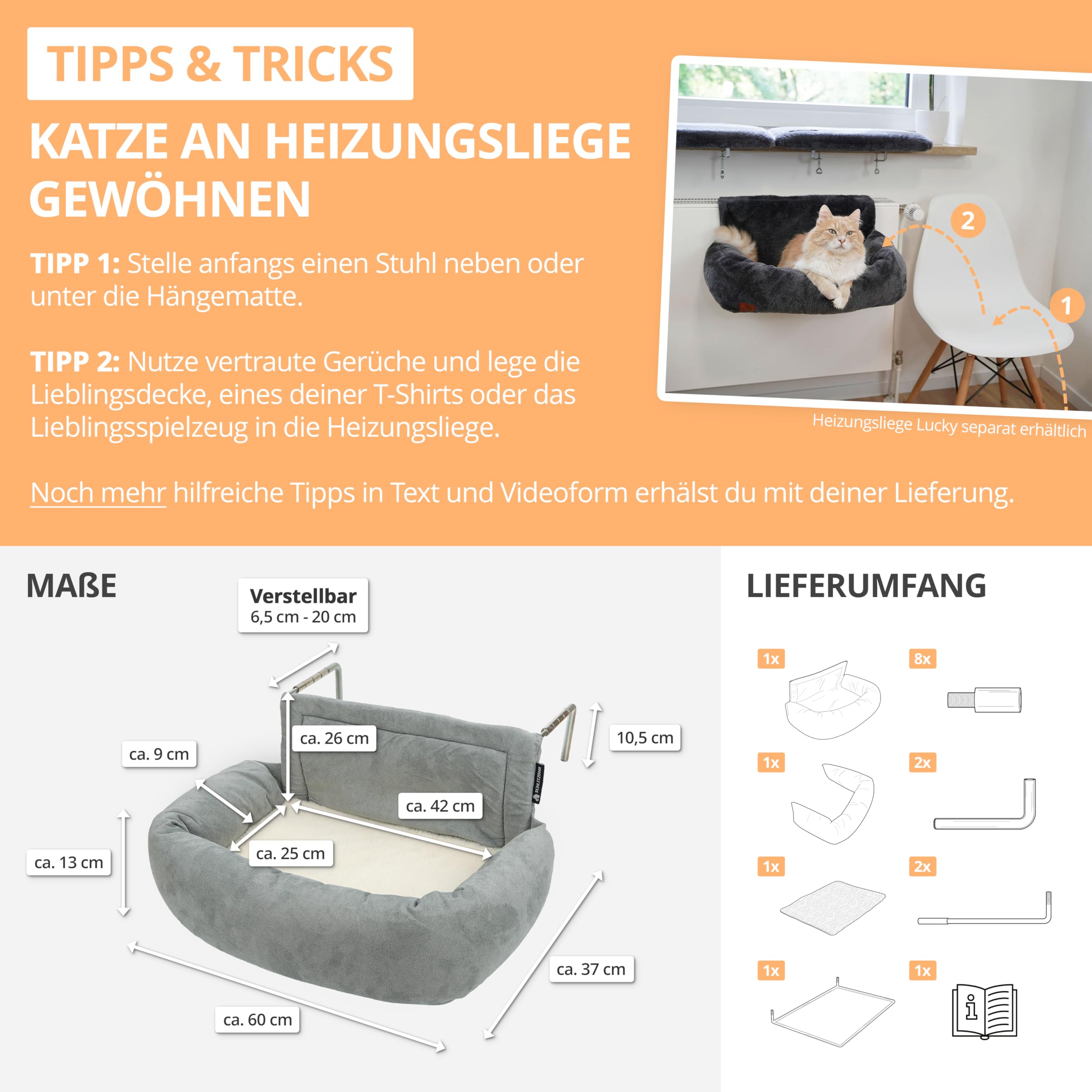 Premium Heizungsliege für Katzen - Murphy - für Katzen bis 12kg - passend für alle Heizkörper - rundum gepolstert - Katzenbett für die Heizung