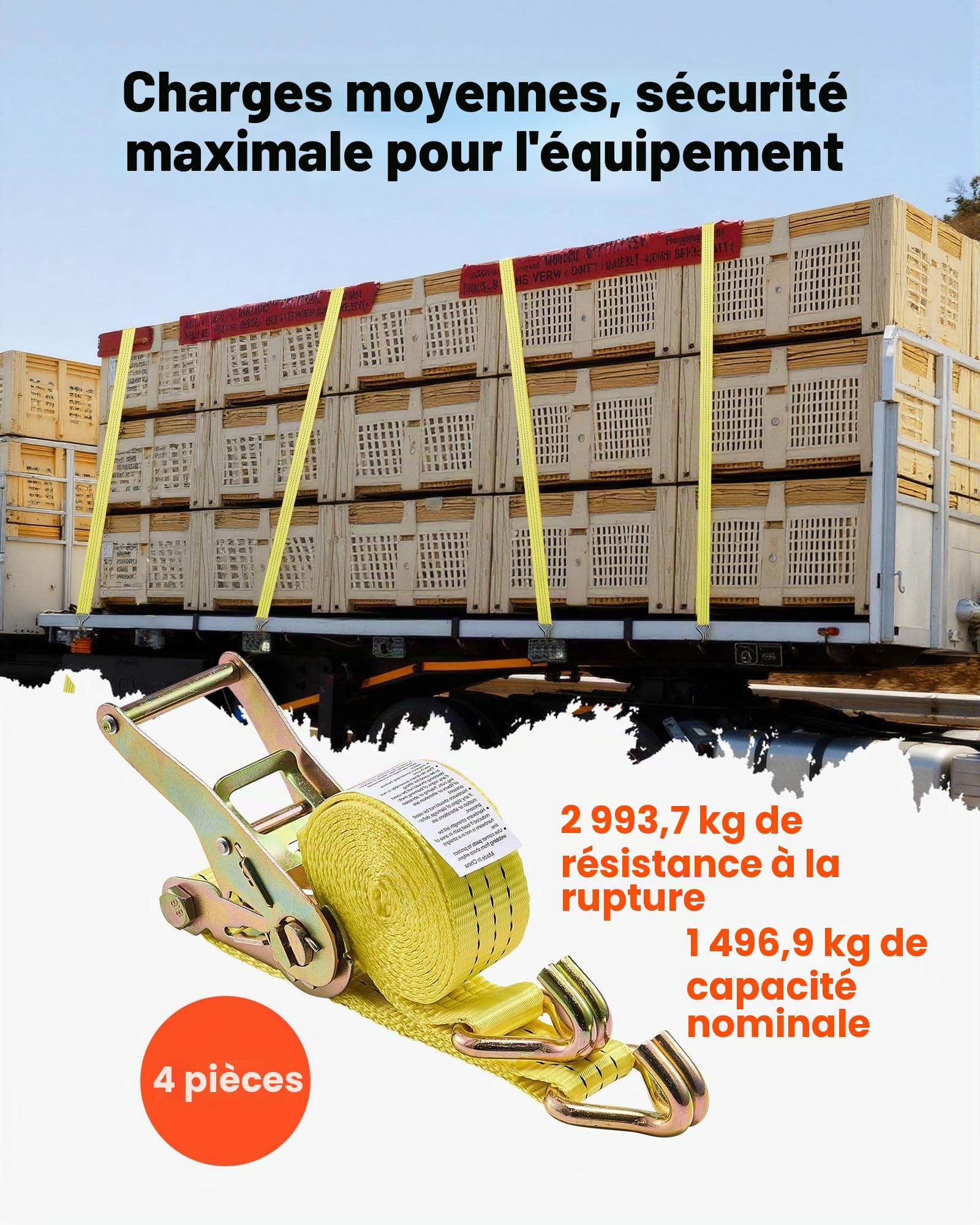 VEVOR Sangle à Cliquet 3,8 cm x 3 m Sangle d'Arrimage Lot de 4 Sangles de Chargement Fixation pour Déménagement Remorques Motos Kayaks Toit Voiture, avec Crochet Double J Résistance à Rupture 3000 kg