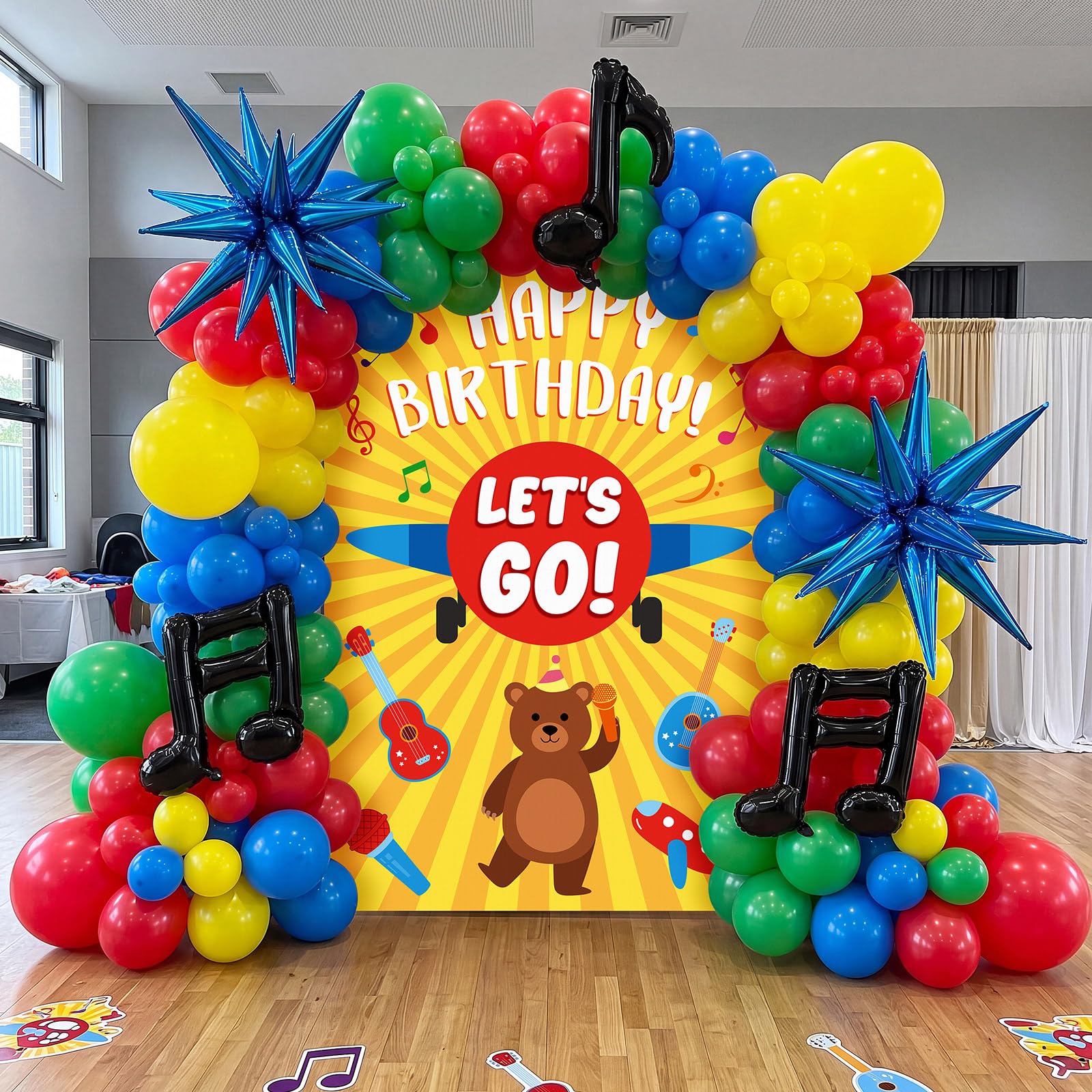 Thenshop Juego de 111 guirnaldas de arco de globos rojo, amarillo, azul, verde con notas musicales, globos de aluminio de estrella para niños y niñas, decoración de fiesta de cumpleaños temática