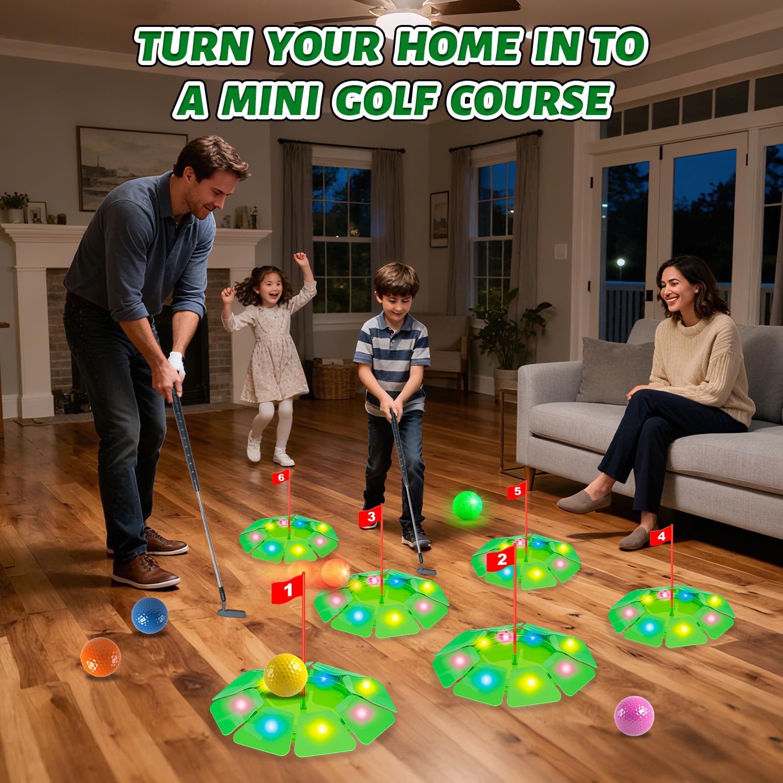 VATOS Light up Golf Putting Game Set, Glow Golf Toy with 6 LED Holes, 6 Balls (2 Glow), Extendable Putter - Image 3