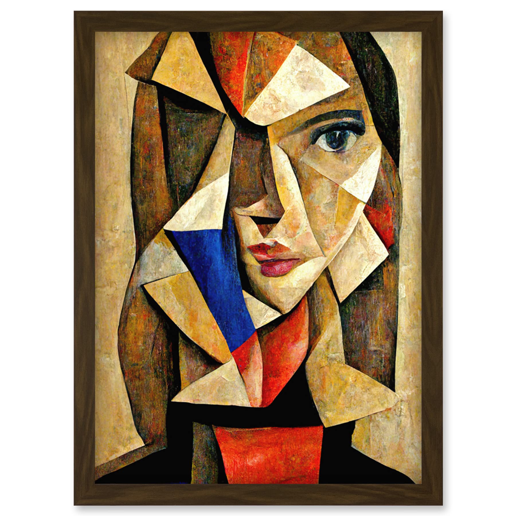 Cubism Style Portrait Young Woman Beige & Brown Framed Wall Art Print A4 - Artery8