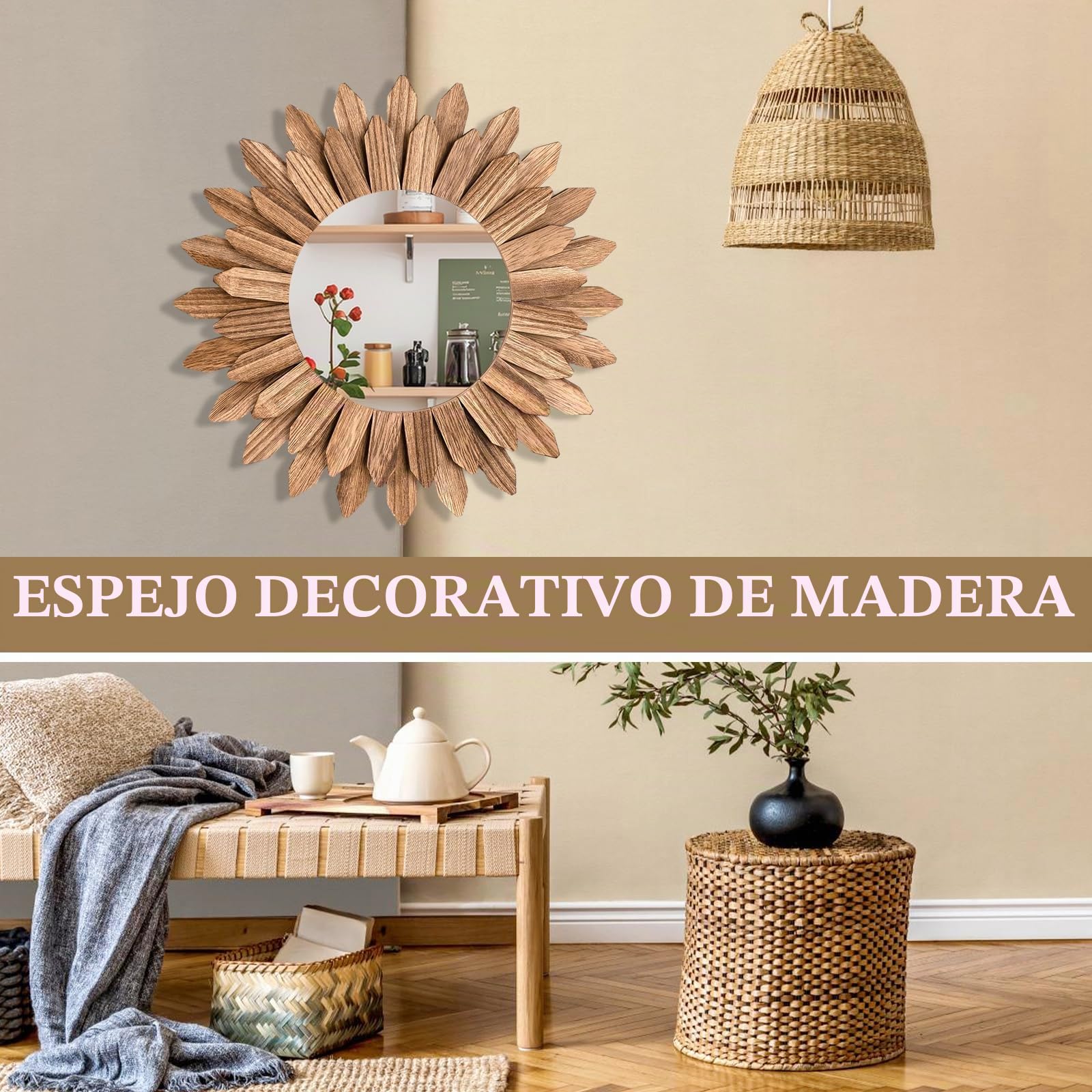 Espejo de pared pequeño redondo Ø50 cm con marco de madera flotante, espejo con marco de madera rústico en marrón natural para estilo campestre/costero/bohemio, para baño, sala de estar