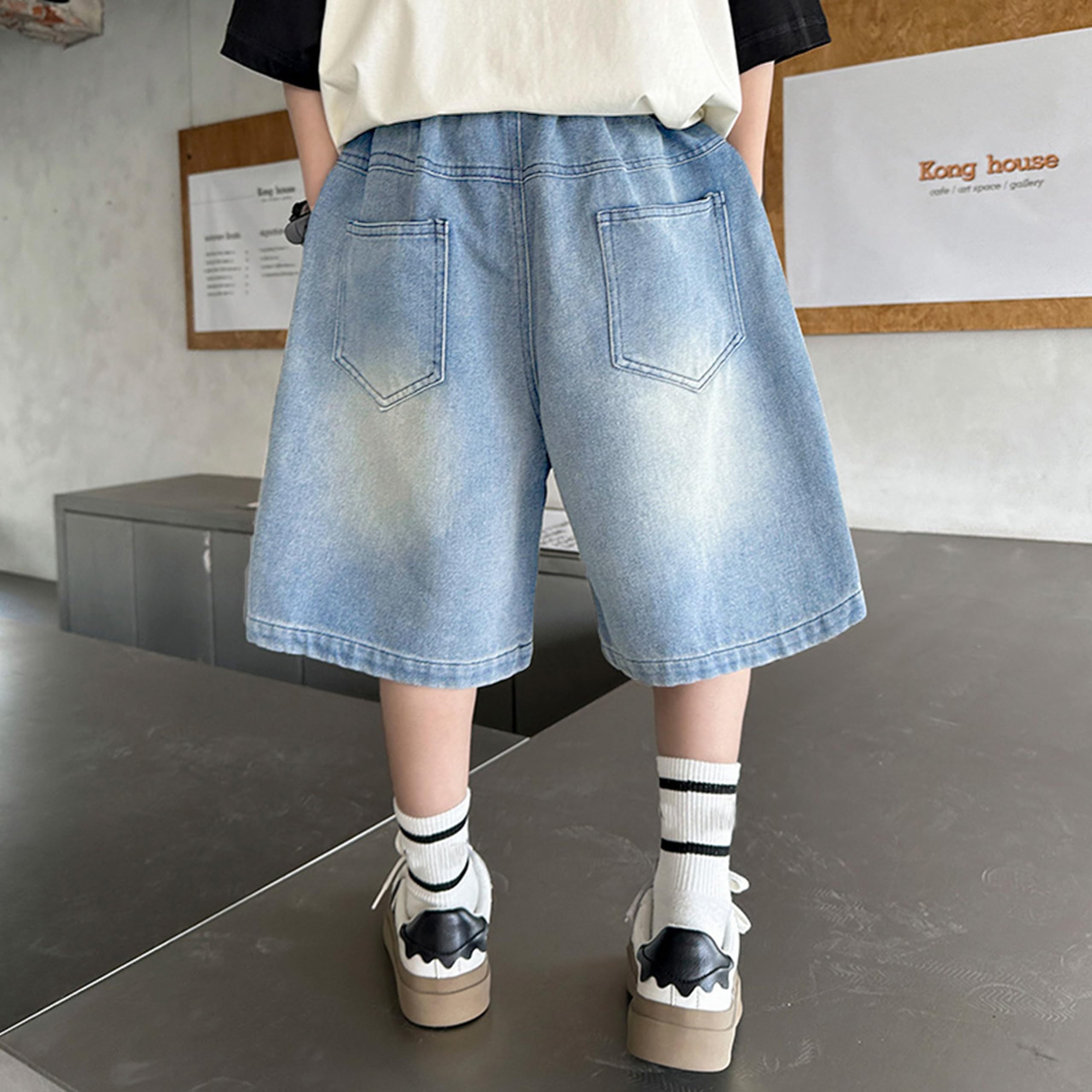 Rolanko Pantalones Cortos Vaqueros Holgados para Niños, Cintura Elástica Pierna Ancha Pantalones Cortos Vaqueros de Verano hasta La Rodilla