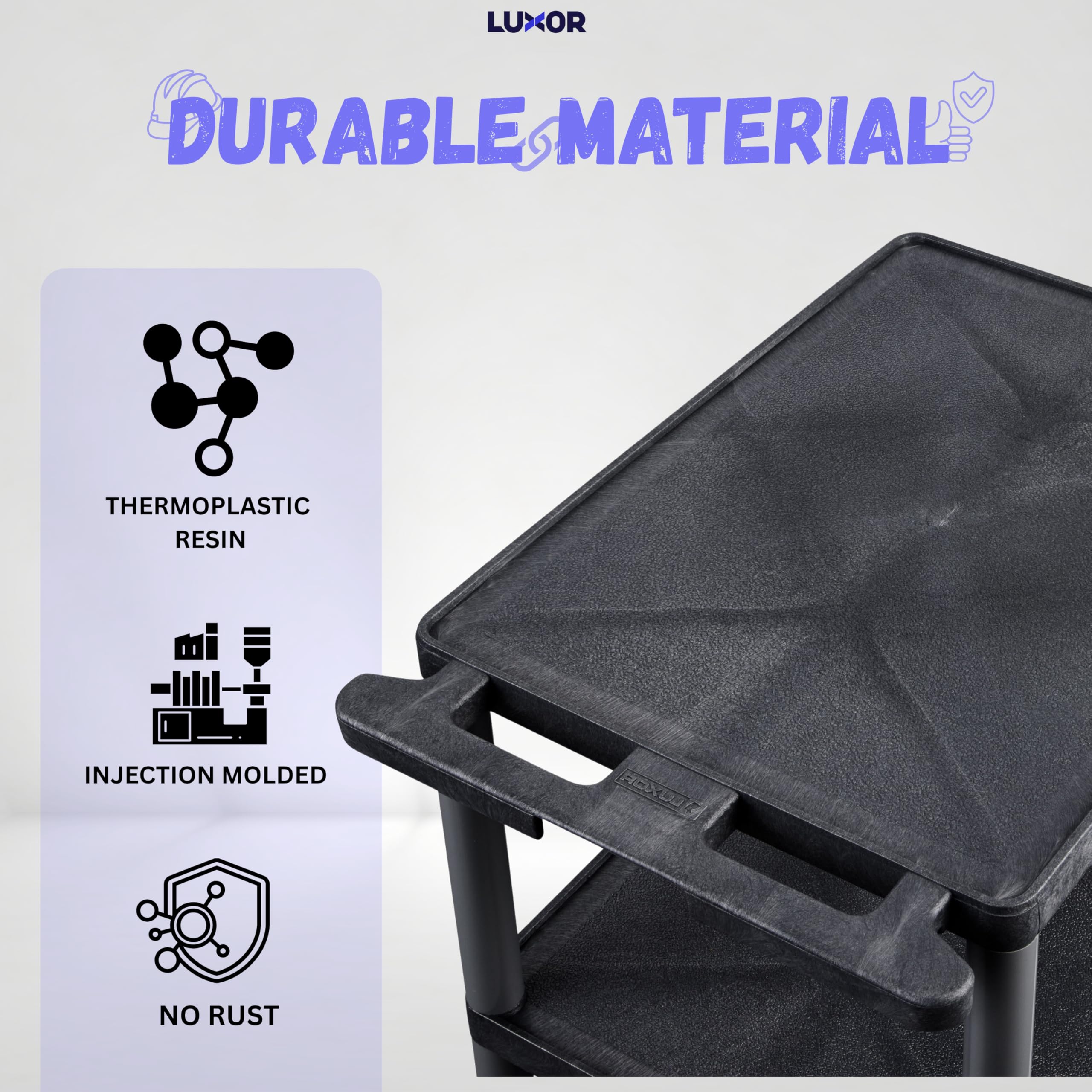 Luxor - Carro multiusos para almacenamiento (3 estantes, espuma estructural, plástico, color negro