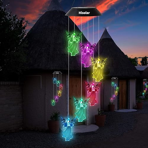Miniatura 6 de HiSolar Campanillas de viento solares de ángel que cambian de color solar, impermeables, LED, funciona con energía solar, para decoración del hogar,