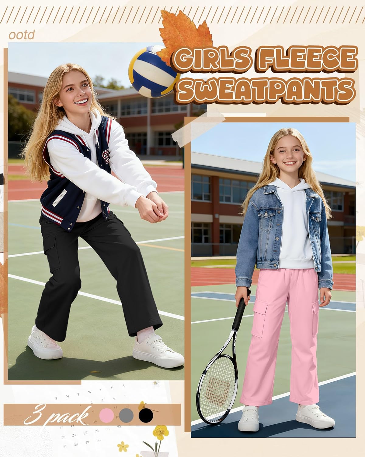 3 Pack Girls Thermal Fleece Cargo Sweatpants 5-14y 4 Pockets Kid Warm Wide Leg High Waist Baggy Casual Pants Jogger - Image 6