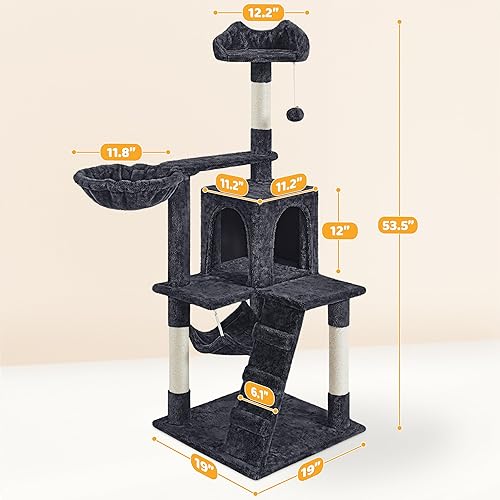Miniatura 9 de Yaheetech Torre para gatos de 54 pulgadas como centro de actividades, casa de juegos para gatos y gatitos de interior con divertida cesta de hamaca
