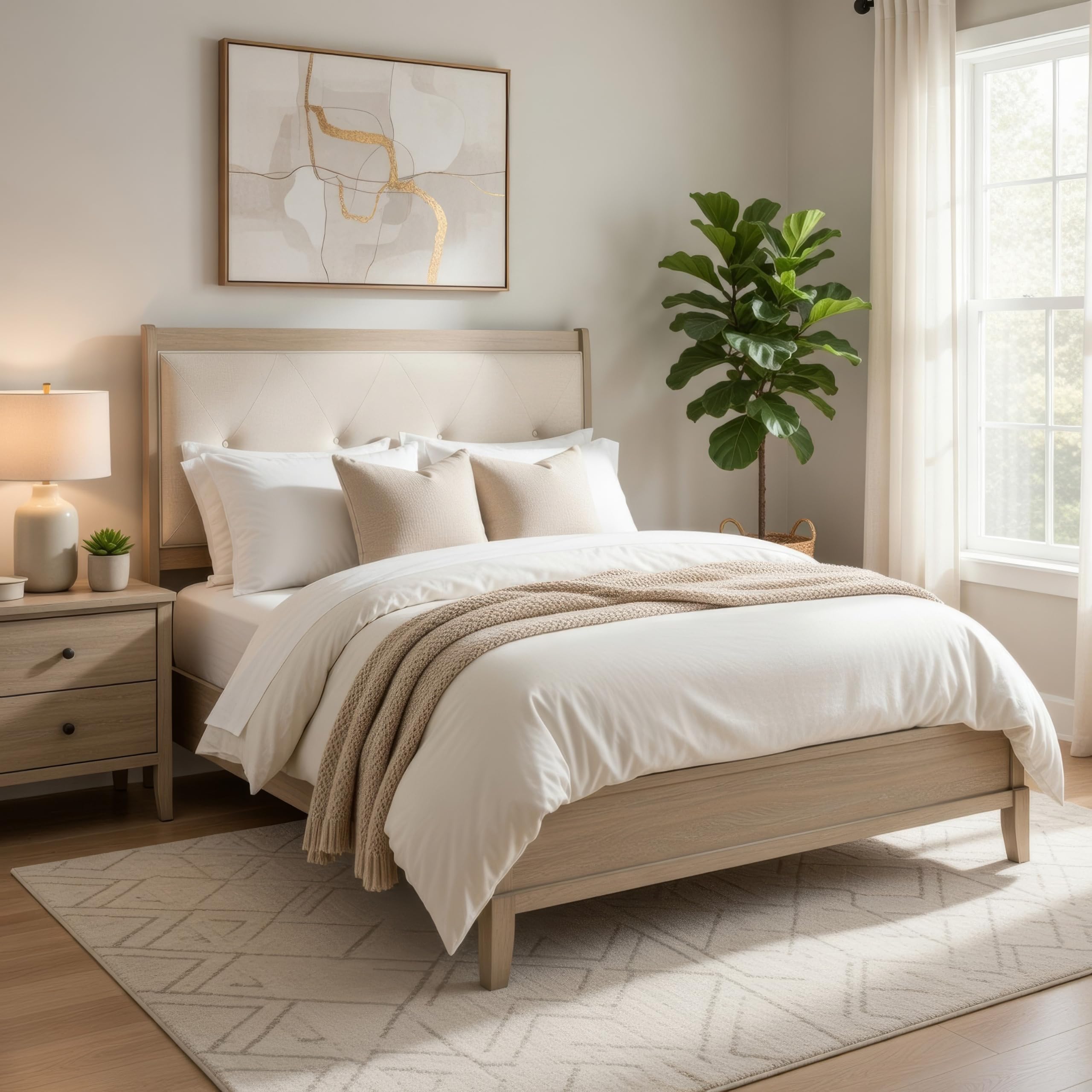 Condition photo showing As Is for hadly queen bed, tufted headboard, luxe faux leather upholstery, beige wood