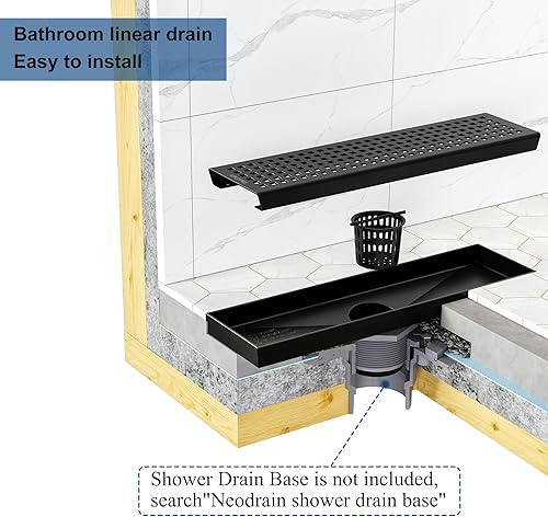 Miniatura 8 de Neodrain Drenaje de ducha lineal negro de 12 pulgadas con rejilla extraíble de patrón cuadrado, fabricante profesional de drenaje de piso de ducha