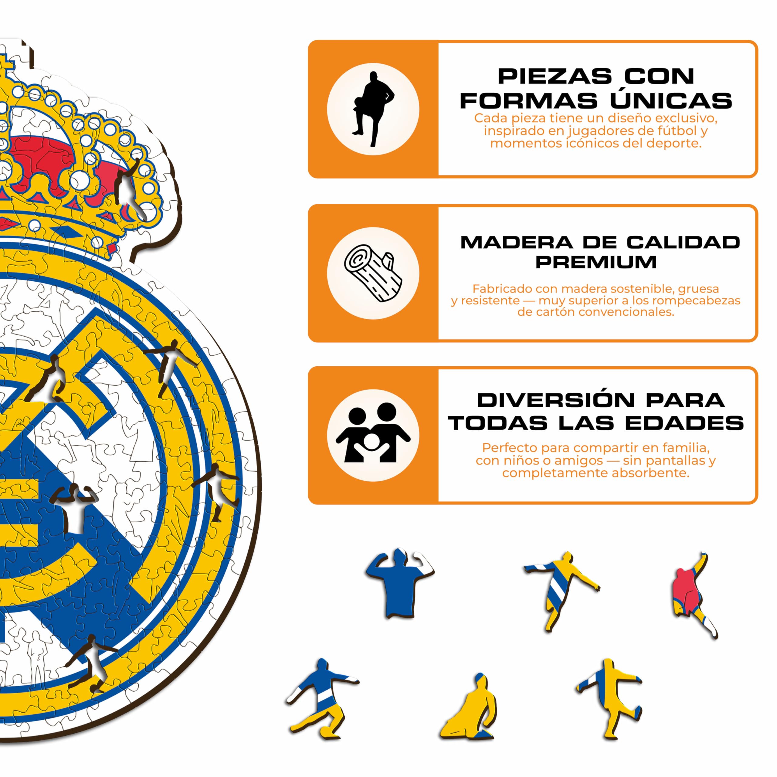 Iconic Puzzles, Logo Real Madrid, ​​Producto Oficial, Puzzles de Madera para Adultos y Niños, Madera 100% Sostenible, M, 270 Piezas