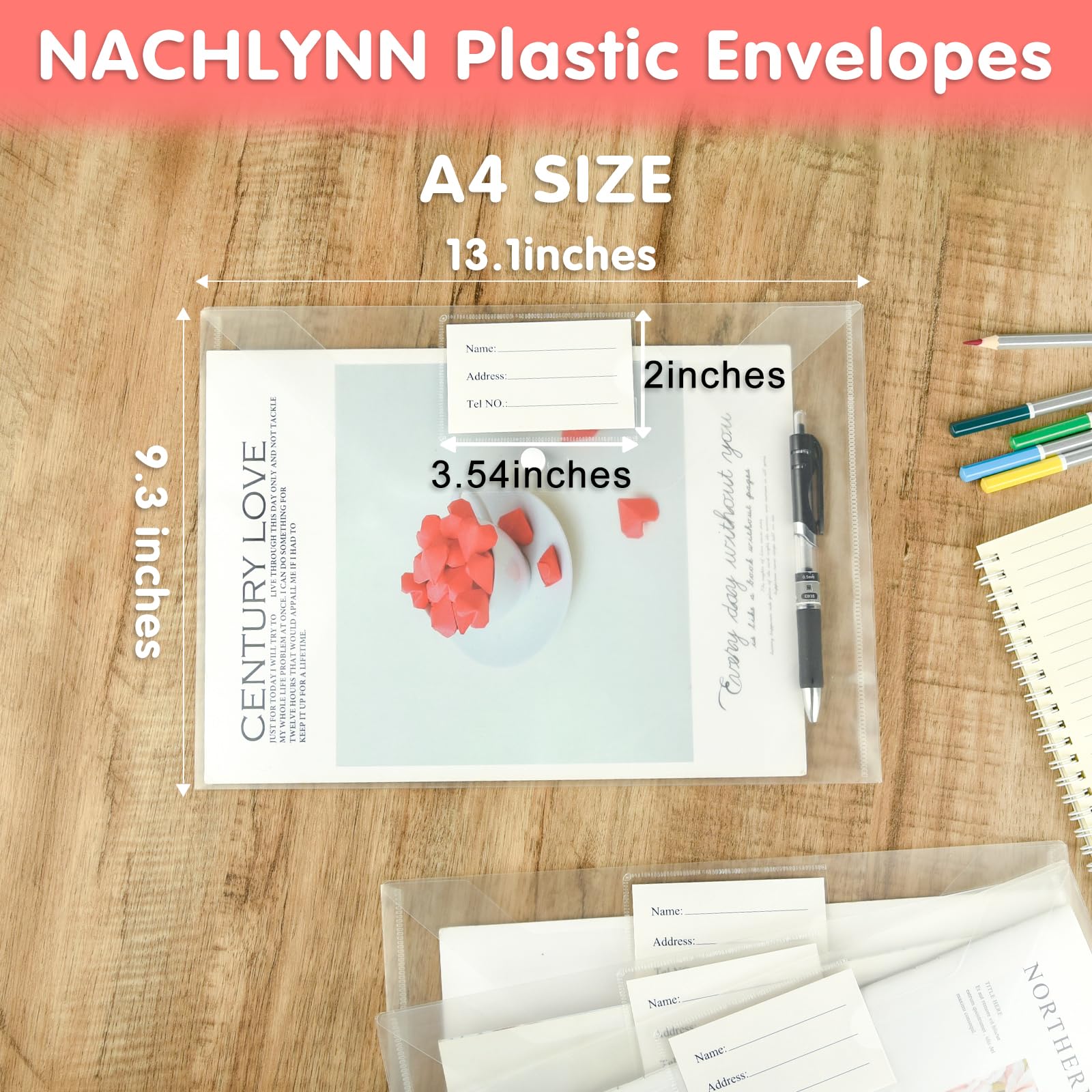 NACHLYNN Confezione da 108 buste in plastica in polietilene, 6 colori, formato A4, con etichetta, cartelle, portadocumenti, con chiusura a scatto, buste trasparenti per casa, lavoro, ufficio,