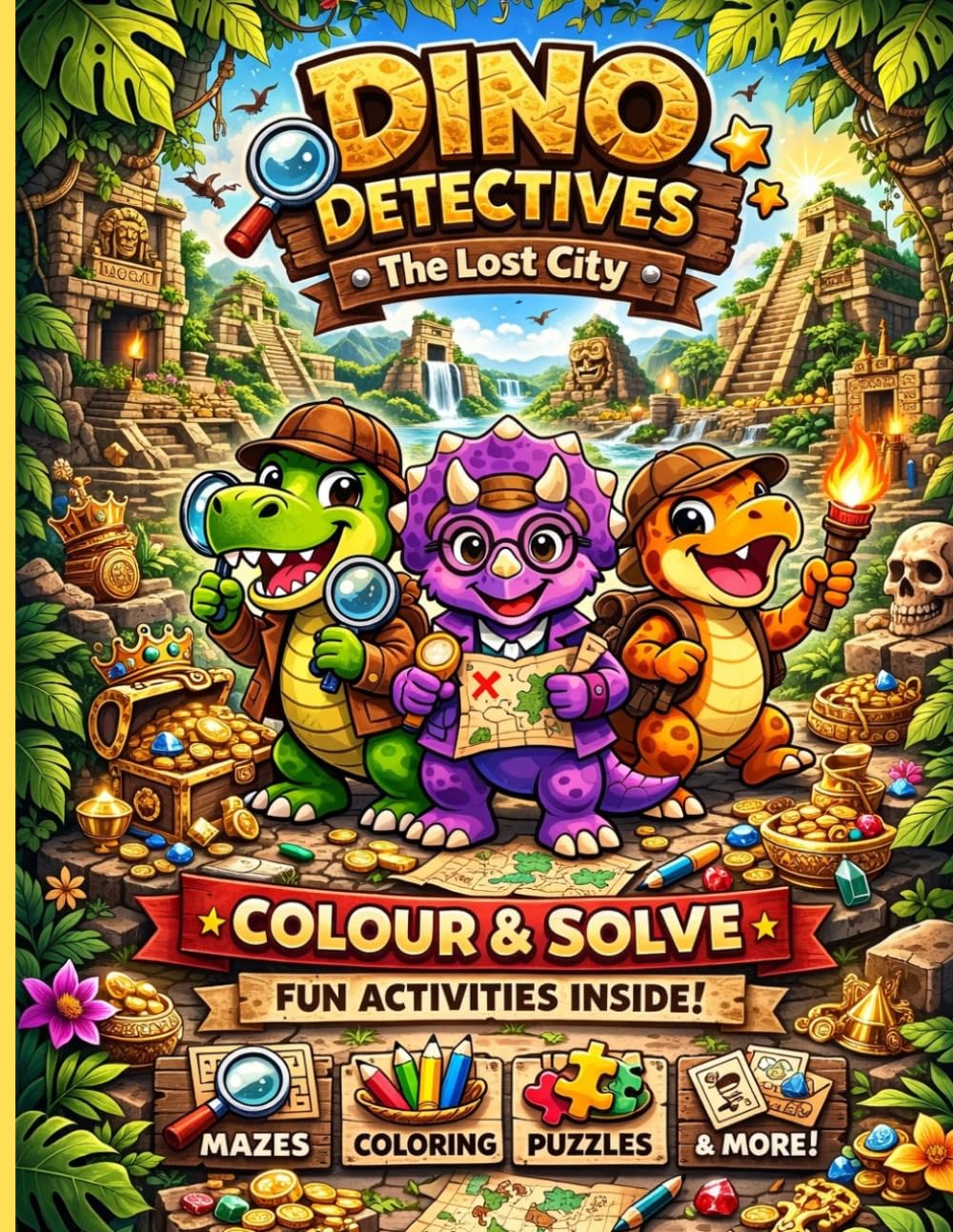 Dino Detectives: The Lost City: A Fun Colour & Solve Activity Book for Kids Ages 4-8. Mazes, Puzzles, and Easy Colouring