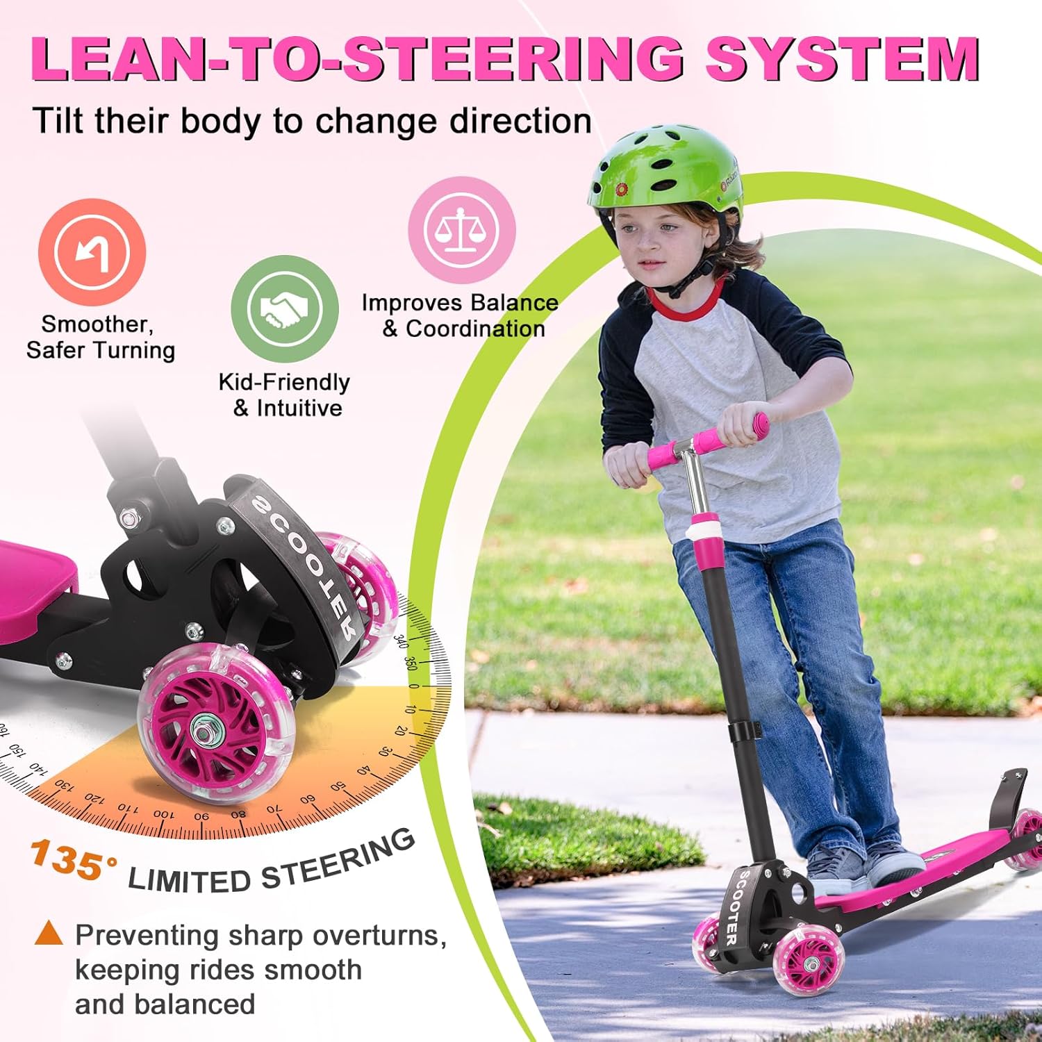 Scooter for Kids 3-5 5-7,Light up 3 Wheels Kick Scooter,Heavy Duty Folding Lean-to-Steer Scooters with 3 Adjustable Handlebar for Boys Girls,Widen Anti-Slip Deck,Rear Break,Holds up to 150Lbs - Image 2