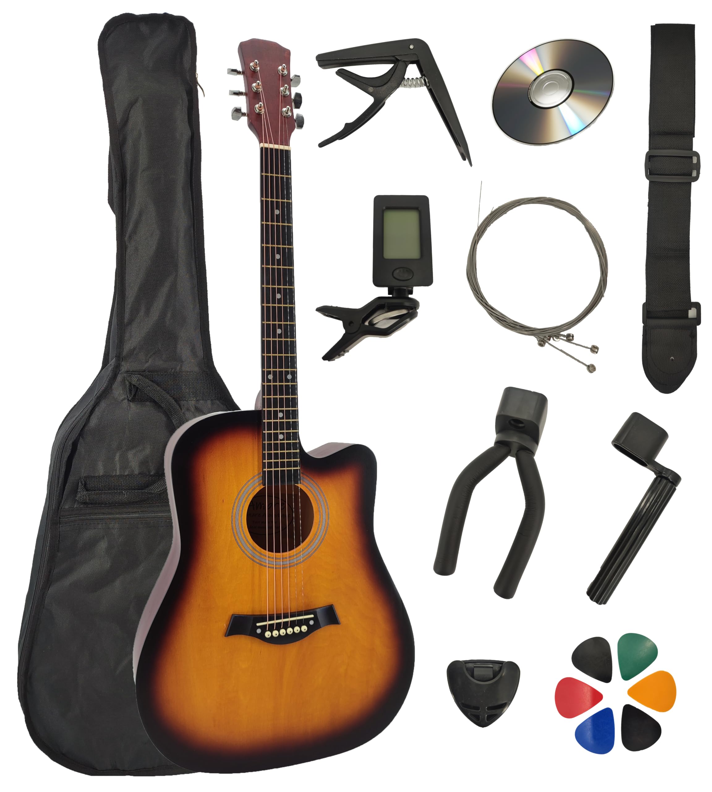 Guitare Acoustique Folk 4/4 Adulte 41 Pouces + 9 Accessoires + Cour Vidéo et CD (Sunburst)