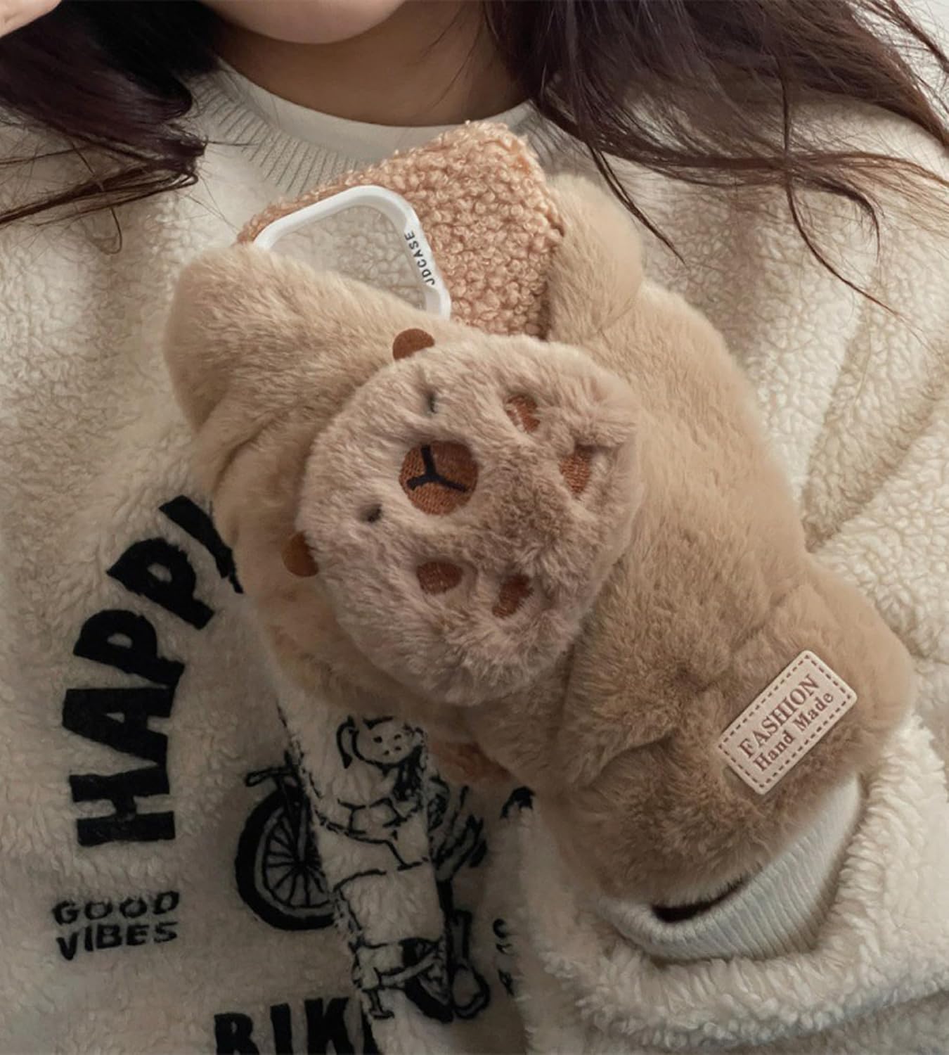 Plush Furry Phone Case with Warm Glove Compatible with iPhone Series, Cute Plush Furry Soft Handmade Fluffy Lambswool Slim Shock Shockproof Silicone Stand Kickstand Case for Women Girls (16pro max)