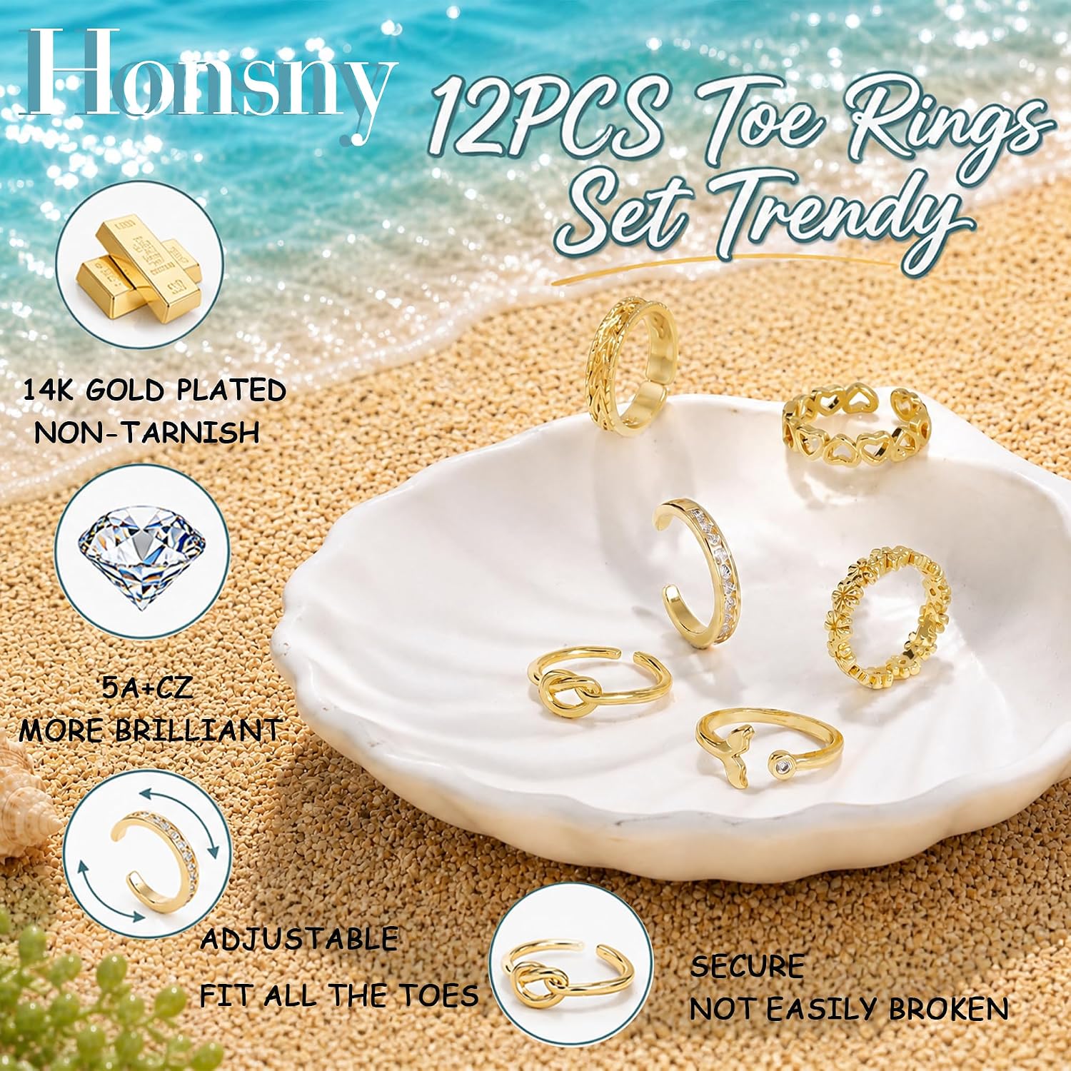 Honsny 12PCS 14K Gold/Silver Plated Toe Rings for Women Adjustable Band Rings Open Flower CZ Toe Ring Set Beach Foot Jewelry