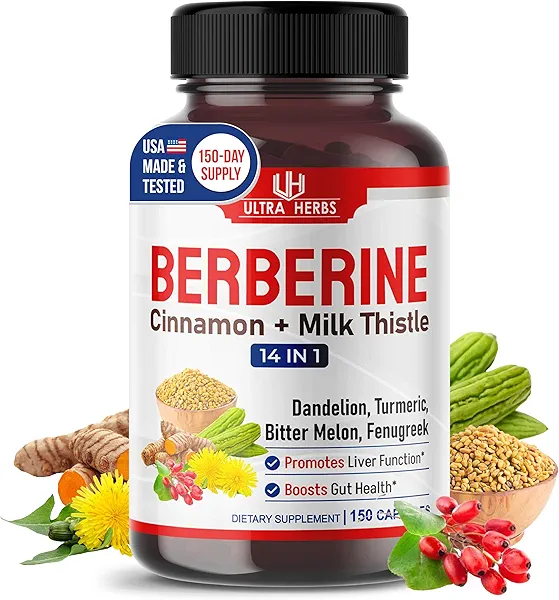 Ultra Herbs Premium Berberine with Cinnamon, Milk Thistle *USA Made & Test* Promotes Liver Function, Gut Health, Immunity (150 Count (Pack of 1))