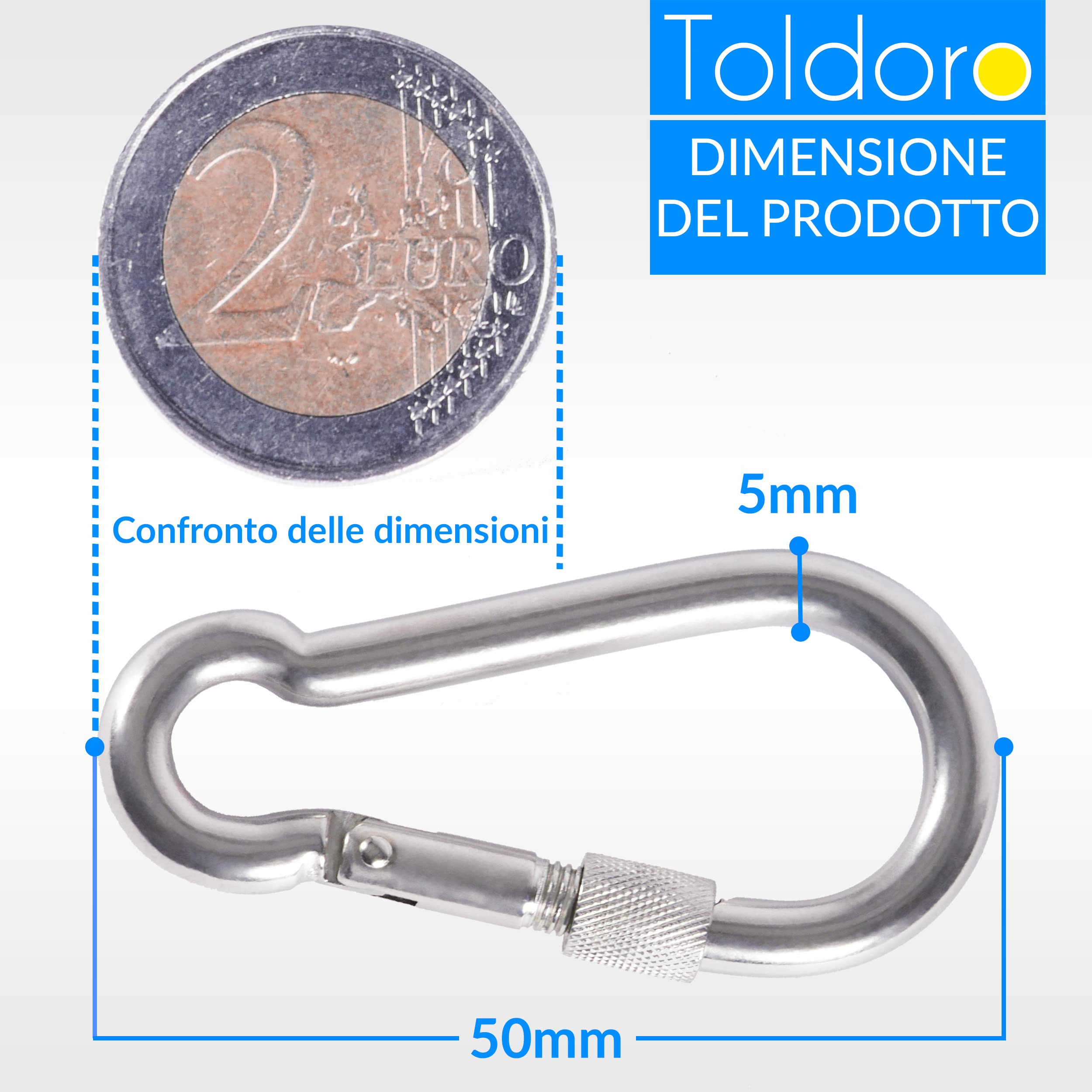 Toldoro Moschettone in acciaio inox con chiusura di sicurezza, moschettone 70 mm, moschettone per il fissaggio, moschettone in acciaio inox con chiusura
