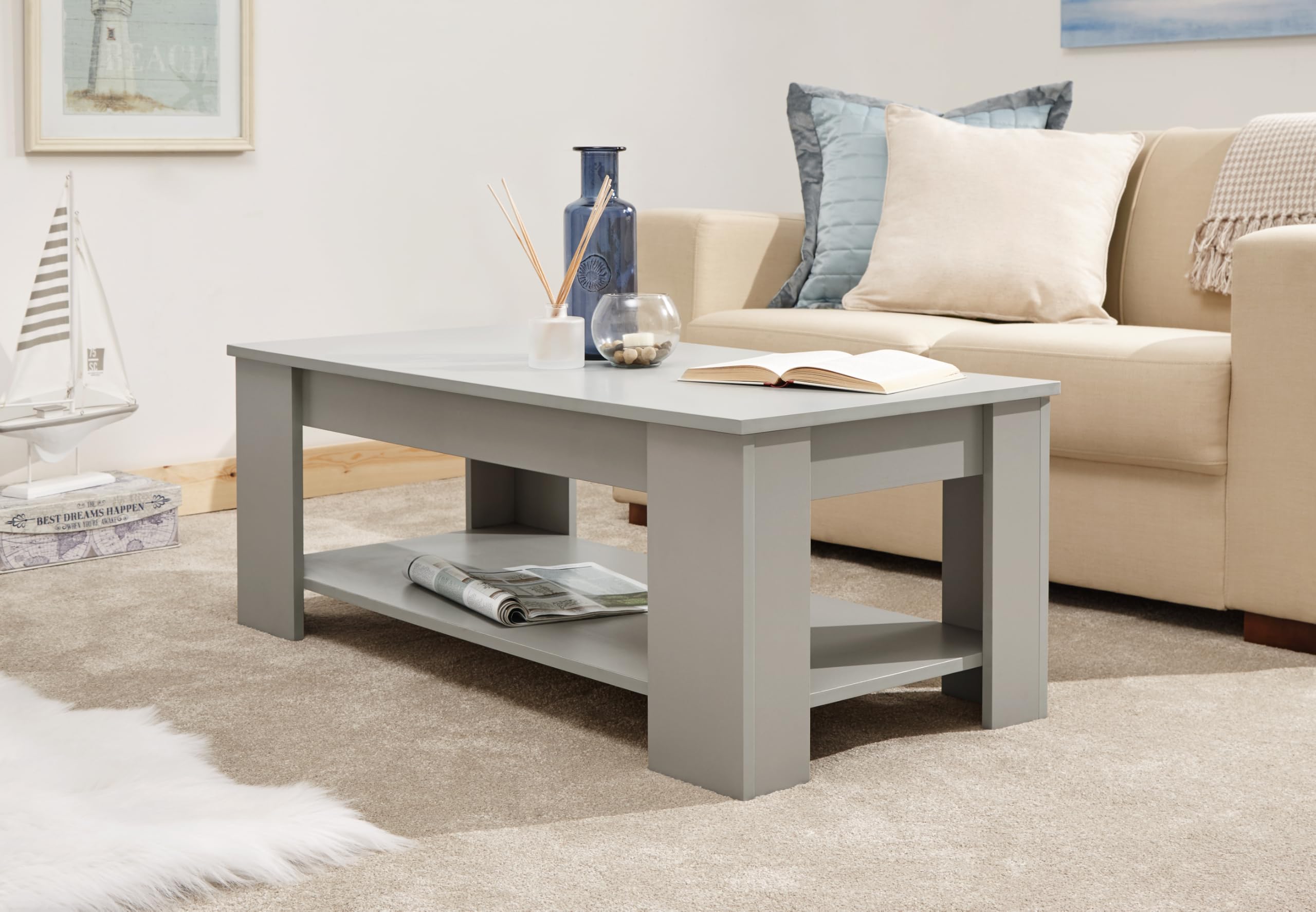 GFW Lift Up Coffee Table With Hidden Storage For Living Room. Modern Wooden Lift Top Coffee Tables With Display Shelf & Storage Compartment For Media & Accessories, Grey, H39.5cm x W105cm x D50cm — image 1