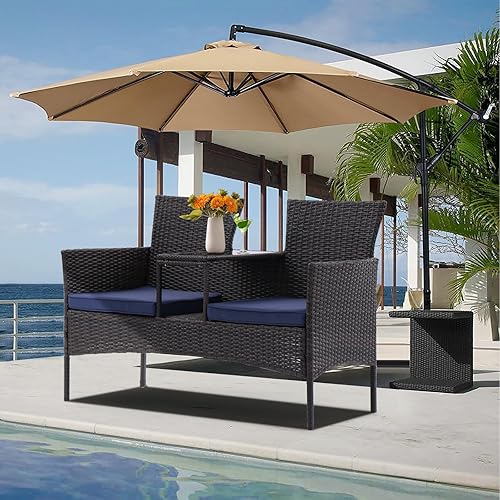 Patio Loveseat Outdoor Rattan 2-Seat Sofa Patio Conversation Set with Built-in Coffee Table, Cushions for Garden Lawn Backyard, Brown