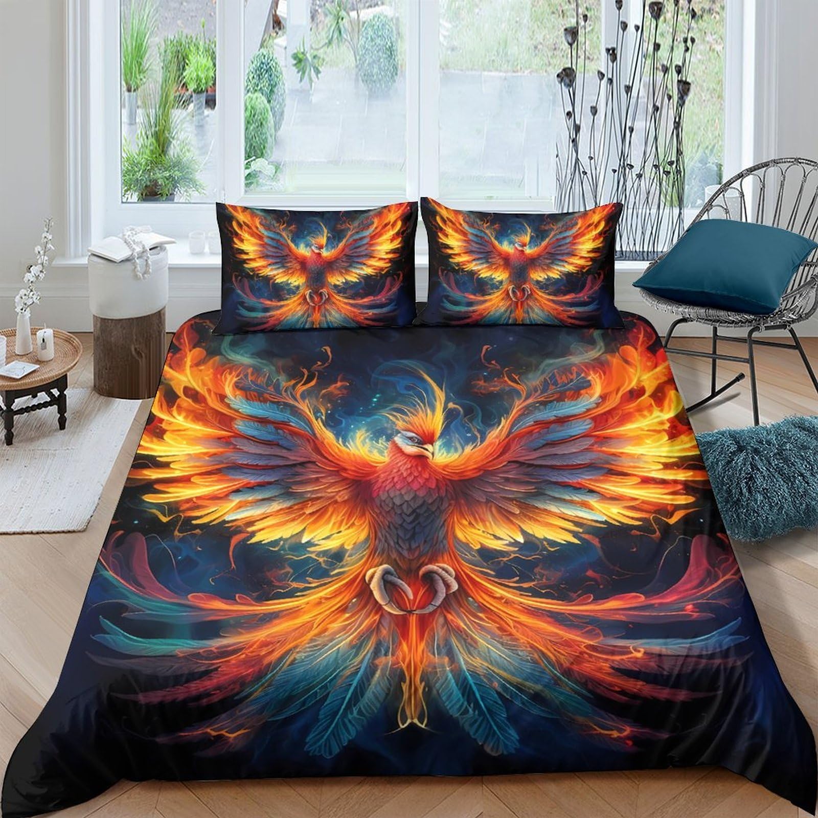 Ctjqhvkz Style-1 3D Printed Phoenix Fire Fitted Sheet Microfiber Vibrant Flame Bed Cover For Bedroom Dorm Mattress Protection Decor Single（135X200cm）