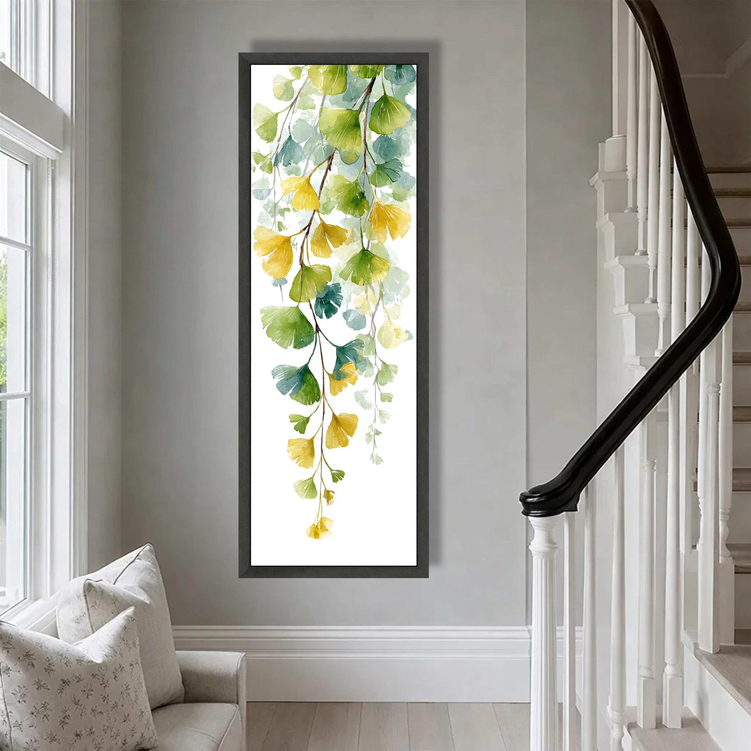 CAOXTART Vertical Botanical Canvas Wall Art, Watercolor Green Ginkgo Leaves Painting, Extra Long Nature Canvas Print for Home(35x105cm/Frameless)