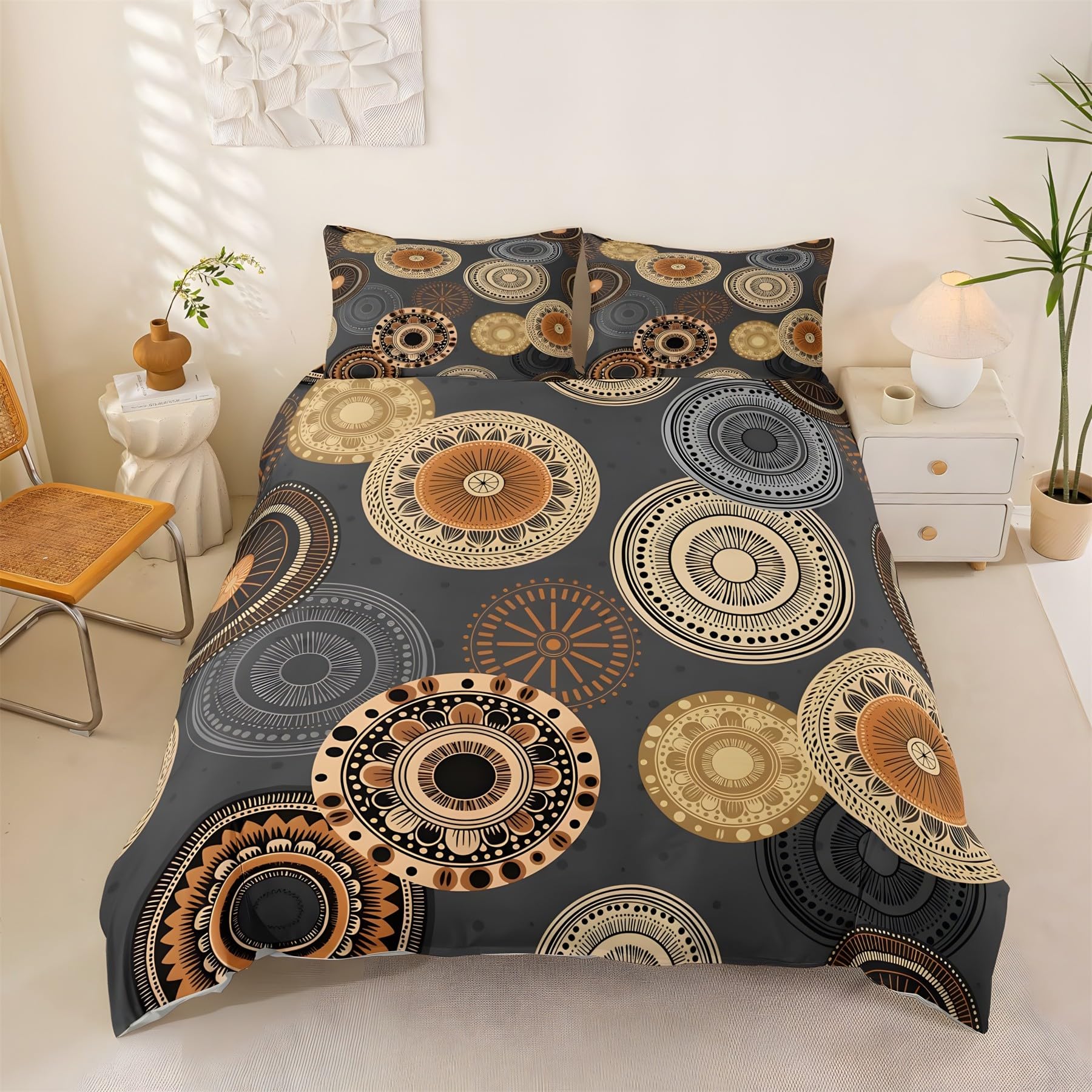 Housse de couette 90x190 mandala gris-brun avec 2 taies d'oreiller QF1748