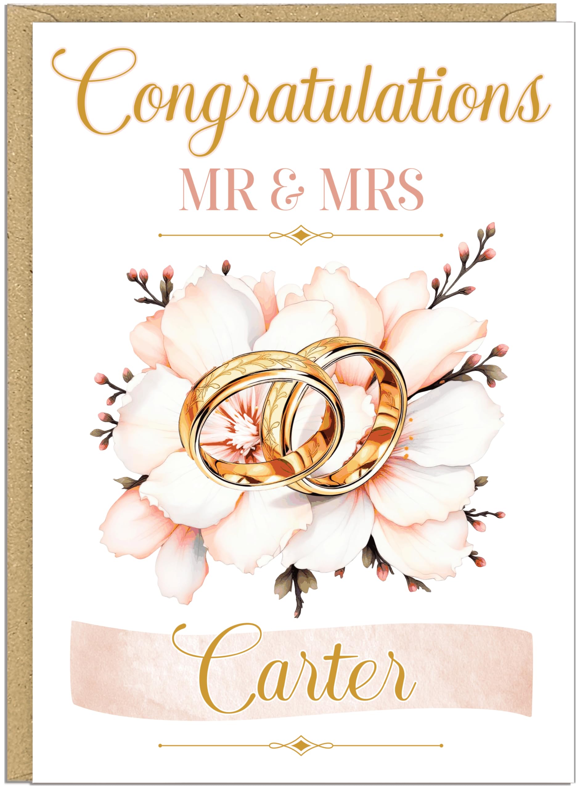 Personalised Congratulations Wedding Card - Custom Mr & Mrs Name Banner - Elegant Champagne Roses Cake Rings Designs - 7 Beautiful Styles - Cards For Couples On Their Wedding Day, Design 4