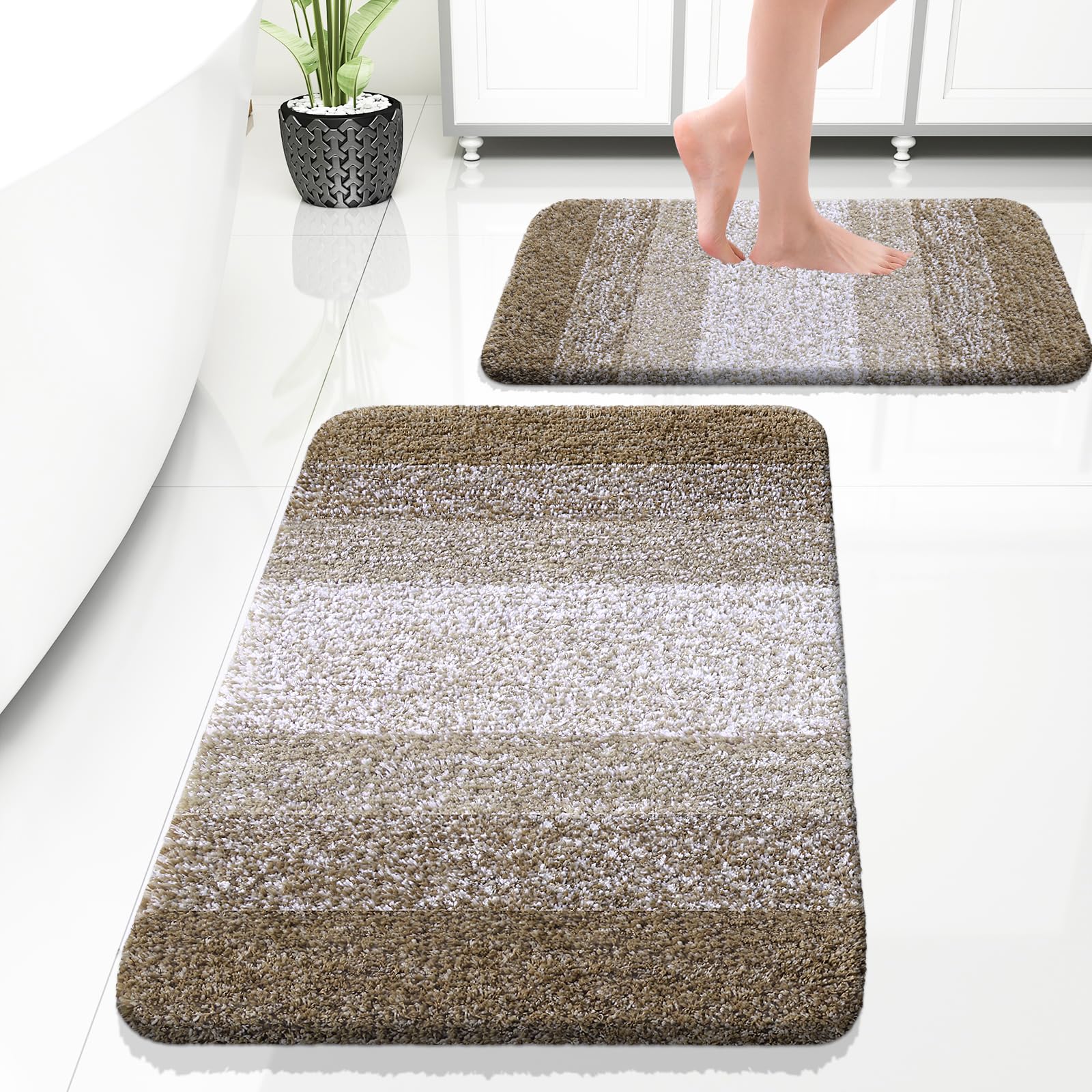 OLANLY Bathroom Rug Set 2 Piece, Soft Absorbent Microfiber Bath Rug Set, Non-Slip, Machine Wash Dry, Plush Shaggy Bath Mats for Bathroom (30"x20"+24"x16", Coffe) — image 1