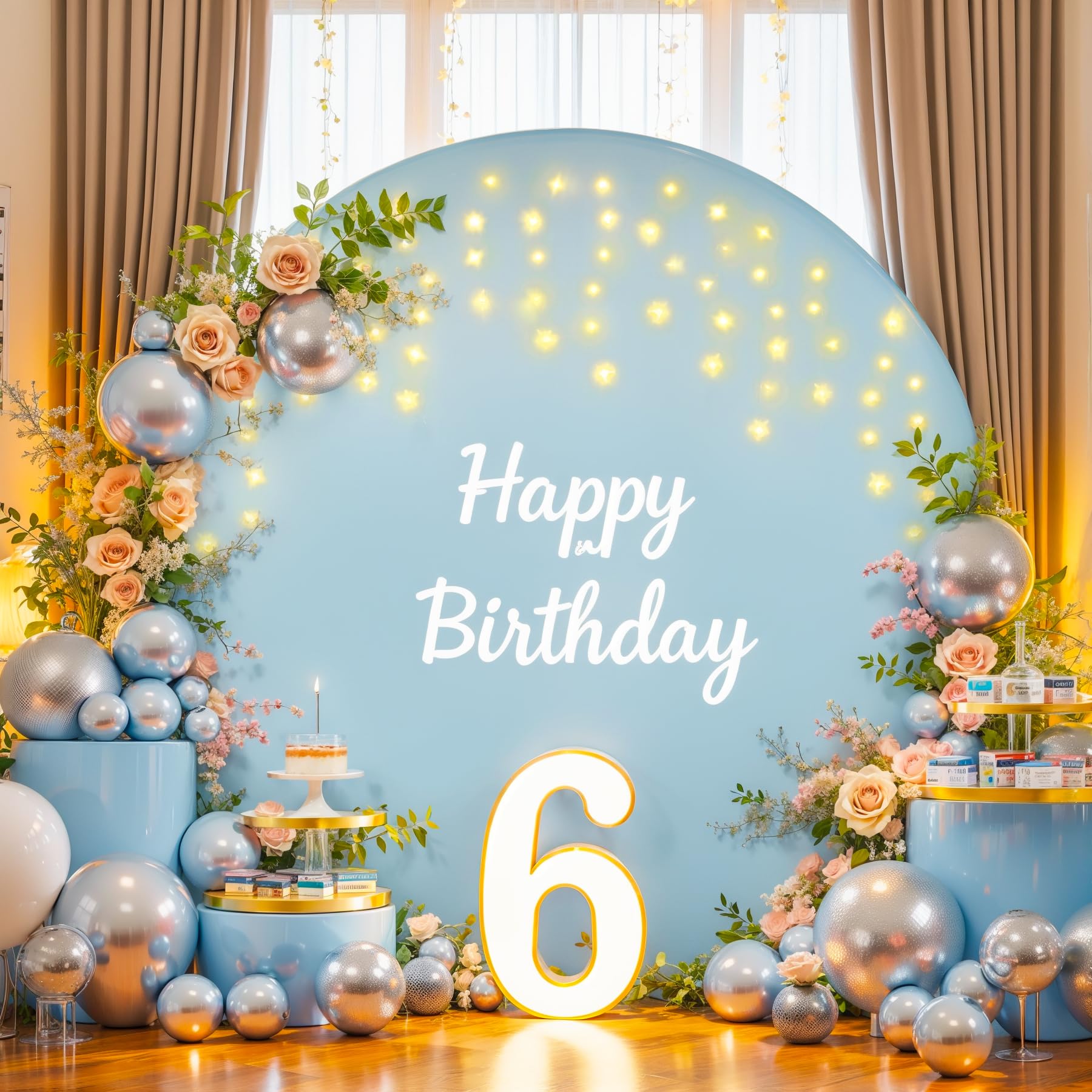 6.6 ft Baby Blue Round Backdrop Cover with Lights Circle Arch Backdrop Cover with Fairy Lights for Baby Shower Boy Birthday Party Wedding Bridal
