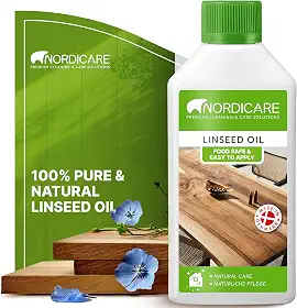 Nordicare Óleo de linhaça para madeira - Óleo de linhaça 100% puro e natural para toda a área interna - Óleo de linhaça cru seguro para alimentos para móveis de madeira - Sublinha a estrutura original
