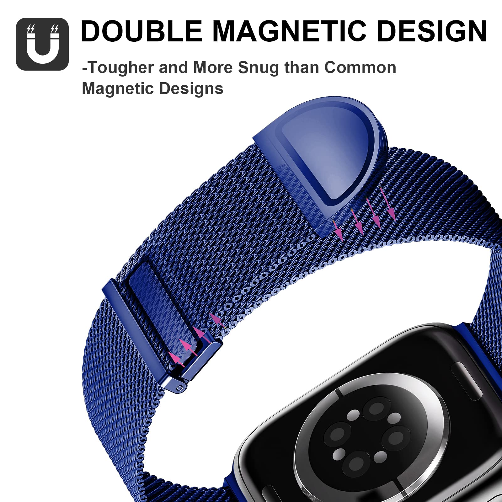 Higgs Cinturini Compatibile con Cinturino Apple Watch 49mm 46mm 45mm 44mm 42mm Donna Uomo,Cinturino Magnetiche Regolabili Doppie per iWatch Series 10 9 8 7 SE 6 5 4 3 2 1,Liscio Maglia Milanese Blu